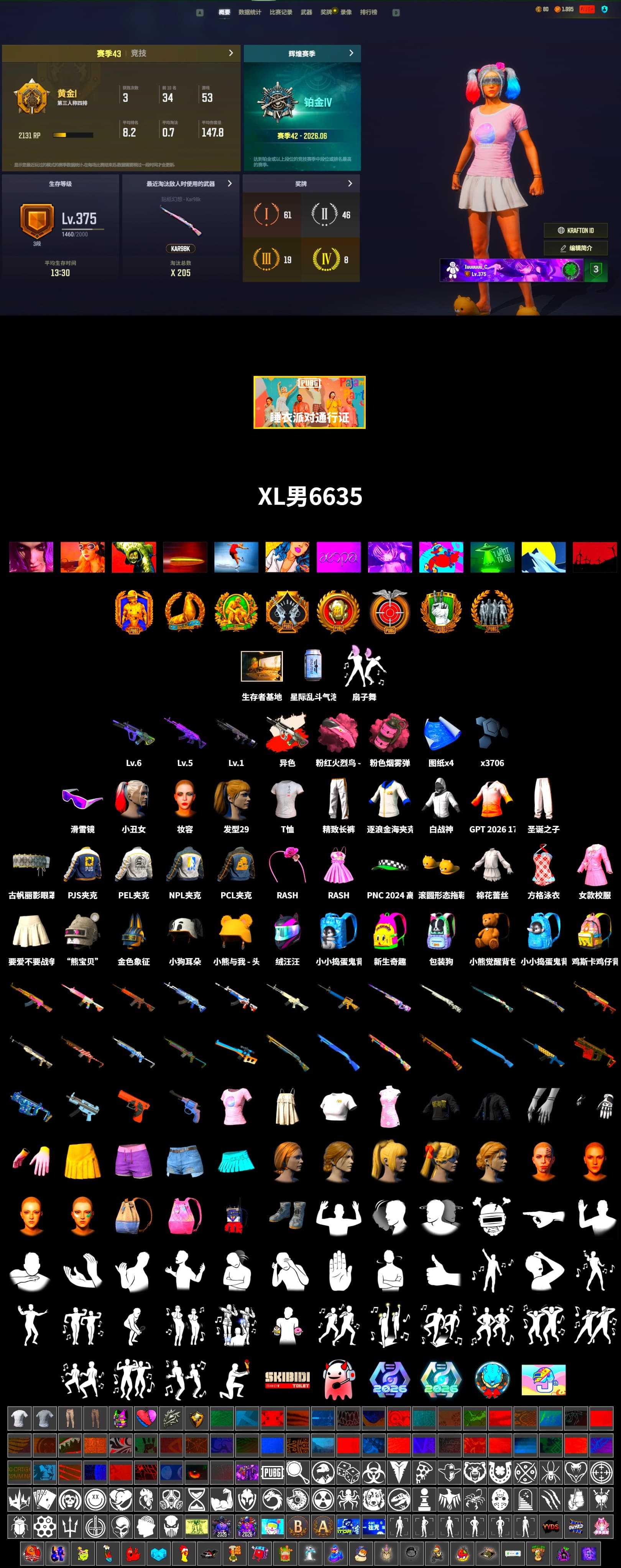 Neon Dream - AUG (White Orange), Pink Smoke Grenade, Harley Quinn's Hair, Snow Glasses, Harley Quinn's Hair, Rash Beixli Xtra Tough Jacket, Harley Quinn's Makeup, PEL 2019 Phase 2 Jacket, NPL 2019 Phase 2 Jacket, PJS 2019 Phase 2 Jacket, Exquisite Pants, 2018 PUBG ALL-STAR T-shirt (Korean) - 2