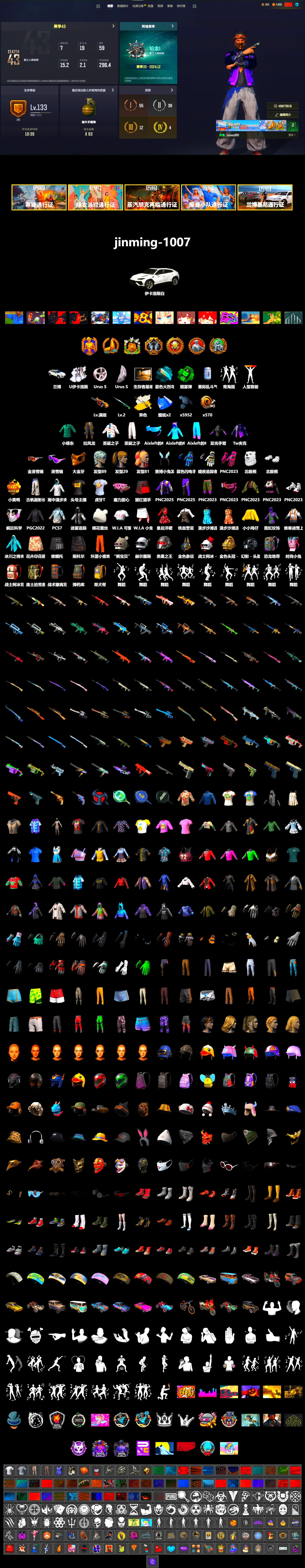 Cosmic Caliber - Kar98k (White Yellow), Emerald Smoke Grenade, «Urus S» SUV, Snow Glasses, PGC 2021 Contingent Chaos Mask, Polar Bear Feet, Harley Quinn's Hair, StreamerOne, Blue Thunder Gloves, Diva Glasses (White), HUYA T-shirt - 2
