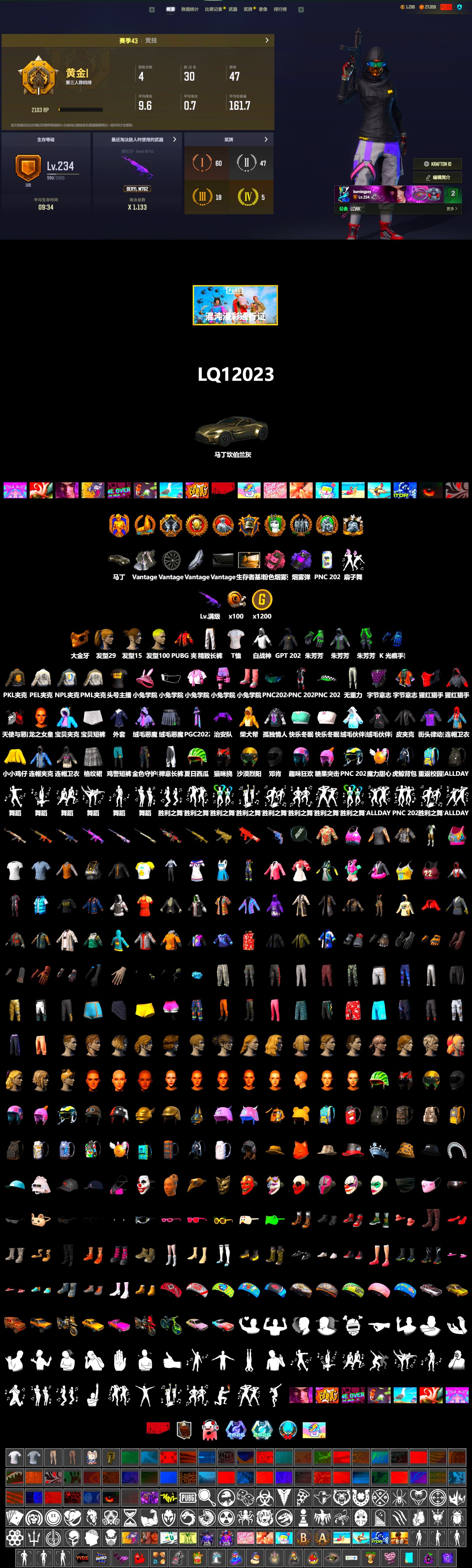 Purple Smoke Grenade, Pink Smoke Grenade, «V12 Vantage Roadster» Sports Car, PGC 2021 Contingent Chaos Mask, Harley Quinn's Hair, PML 2019 Phase 2 Jacket, PEL 2019 Phase 2 Jacket, NPL 2019 Phase 2 Jacket, PKL 2019 Phase 2 Jacket, Exquisite Pants, Sha Wujing's Shorts, StreamerOne, 2018 PUBG ALL-STAR T-shirt (Korean) - 2