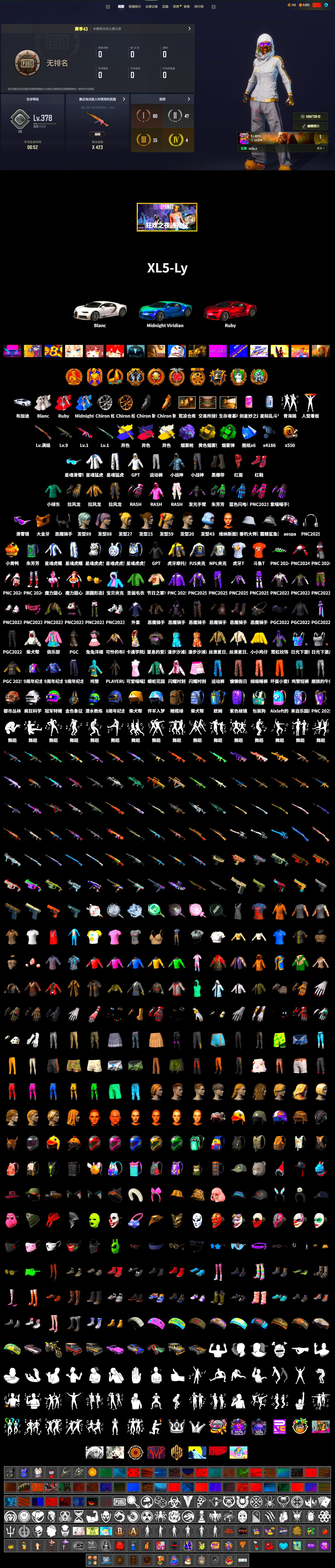 Cosmic Caliber - Kar98k (White Yellow), Pretend Prototype - SLR (Navy Red), Pretend Prototype - SLR, Emerald Smoke Grenade, Yellow Smoke Grenade, Purple Magical Mist — M79, Hi-top Trainers (Red), Duncan's Infiltrator Handwraps, «Chiron» Sports Car, Snow Glasses, PGC 2021 Contingent Chaos Mask, Demon Biker Horns, PLAYERUNKNOWN's Bandana, Heavy Fur Coat (Black), Rash Beixli Xtra Tough Jacket, Aespa, Rash Beixli Xtra Tough Jacket, XingHun's Tiger Strike Jacket, XingHun's Tiger Strike Pants, NPL 2019 Phase 2 Jacket, PJS 2019 Phase 2 Jacket, Sha Wujing's Shorts, GPT 2025 Four Angry Men Jacket, Blue Thunder Gloves, HUYA T-shirt, DOUYU T-shirt - 2