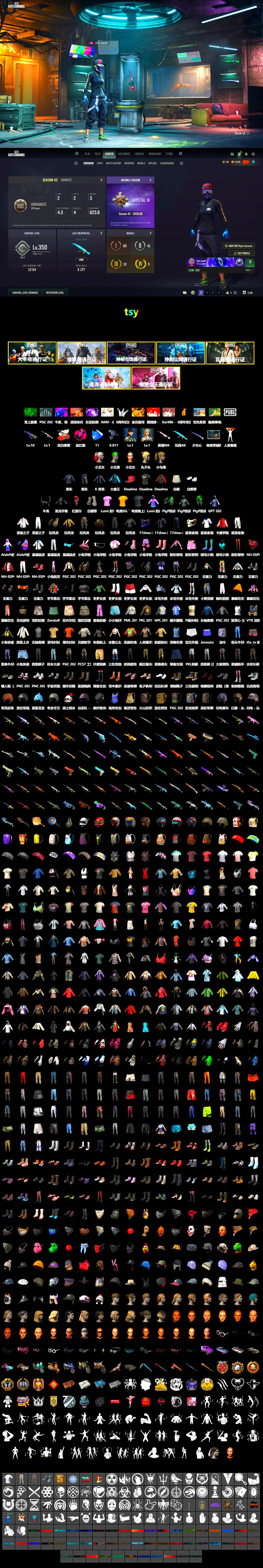 SEA Champ Training T-shirt, Neon Dream - AUG (White Orange), Magenta Smoke Grenade, School Skirt, PGI Title Wraps, Harley Quinn's Hair, The Joker's Hair, NeoticaCH's M416, SkipNhO's SLR, Lumi's Kar98k, Ashek's AKM, Demon Biker Horns, PLAYERUNKNOWN's Bandana, Heavy Fur Coat (Black), Aespa, Polar Bear Feet, Harley Quinn's Hair, SEA Champ Training Pants, Pirate KIM's M416, Pirate KIM's SKS, JennaJulien's M24, Harley Quinn's Makeup, Shroud's Varsity Jacket, The Mau5 Hat, JennaJulien's Pleated Skirt, Lumi's Hoodie, PML 2019 Phase 2 Jacket, XingHun's Tiger Strike Jacket, XingHun's Tiger Strike Pants, NPL 2019 Phase 2 Jacket, PJS 2019 Phase 2 Jacket, PKL 2019 Phase 2 Jacket, MET Asia Series Distressed Jeans, StreamerOne, Full Autumn — M416, XingHun's AKM, Bengal Blade - SCAR-L, Festive Gloves (Red), Blue Thunder Gloves, Diva Glasses (White), Bloody Nurse Cap, FaceIt Global Summit Mask, Esports Cat Face Mask, Bloody Nurse Mask, shroud's Cloth Mask, Heavy Fur Coat (Black), Esports IGL Shirt, Esports Chicken Dinner Shirt, PKL Shorts, Zerator's Pleated Skirt, chocoTaco's Kicks, Hanna - 2