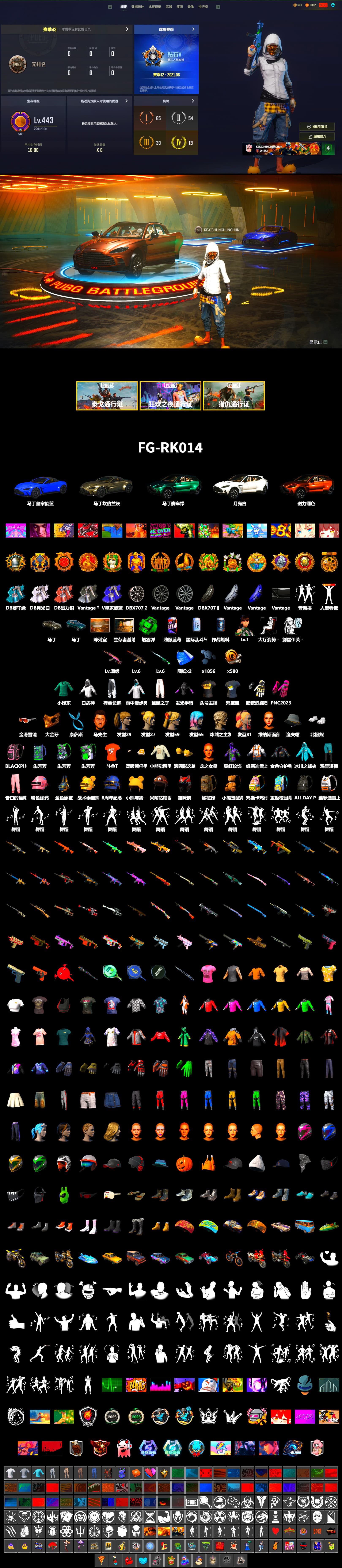 Emerald Smoke Grenade, «V12 Vantage Roadster» Sports Car, «DBX707» SUV, PGC 2021 Contingent Chaos Mask, Kansas Headband, Polar Bear Feet, Harley Quinn's Hair, «DBX707» SUV, Sha Wujing's Shorts, StreamerOne, Full Autumn — M416, DOUYU T-shirt - 2