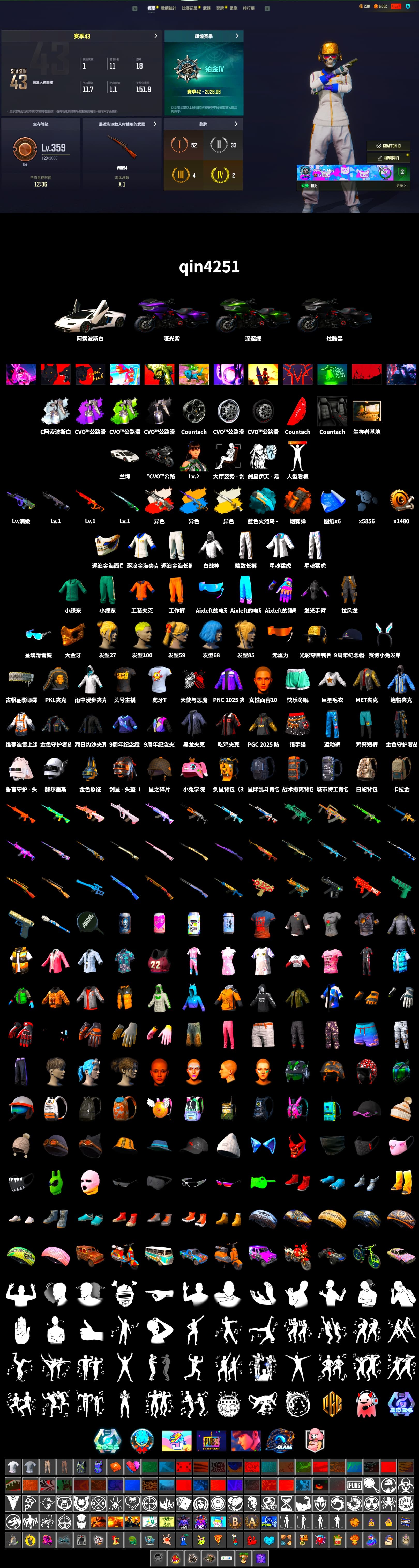 Neon Dream - AUG (White Orange), Cosmic Caliber - Kar98k (White Yellow), Yule Sleigh - Mini14 (Gold Blue), Orange Smoke Grenade, «Countach LPI 800-4» Sports Car, PGC 2021 Contingent Chaos Mask, "CVO™ Road Glide® ST" Motorcycle, XingHun's Tiger Strike Jacket, XingHun's Tiger Strike Pants, PKL 2019 Phase 2 Jacket, Exquisite Pants, Sha Wujing's Shorts, StreamerOne, Training Jacket (Green), HUYA T-shirt - 2