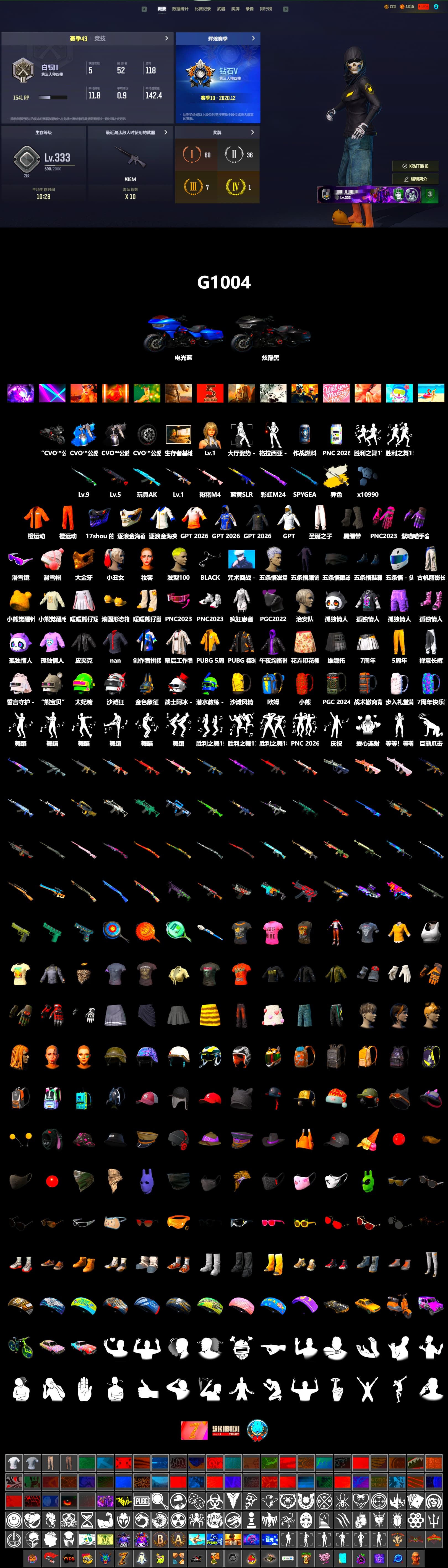 Cosmic Caliber - Kar98k (White Yellow), Duncan's Infiltrator Handwraps, Harley Quinn's Hair, NeoticaCH's M416, Ashek's AKM, Snow Glasses, PGC 2021 Contingent Chaos Mask, Escapee Jacket, "CVO™ Road Glide® ST" Motorcycle, fuffenz's SLR, Ghosted — AKM, Speed & Momentum — M416, Pirate KIM's M416, Ghosted — Kar98k, Speed & Momentum — Kar98k, JennaJulien's M24, Harley Quinn's Makeup, GPT 2025 Four Angry Men Jacket, Full Autumn — M416, Silver Plate — Mini14, SPYGEA's M24, Rose-tinted Glasses - 2