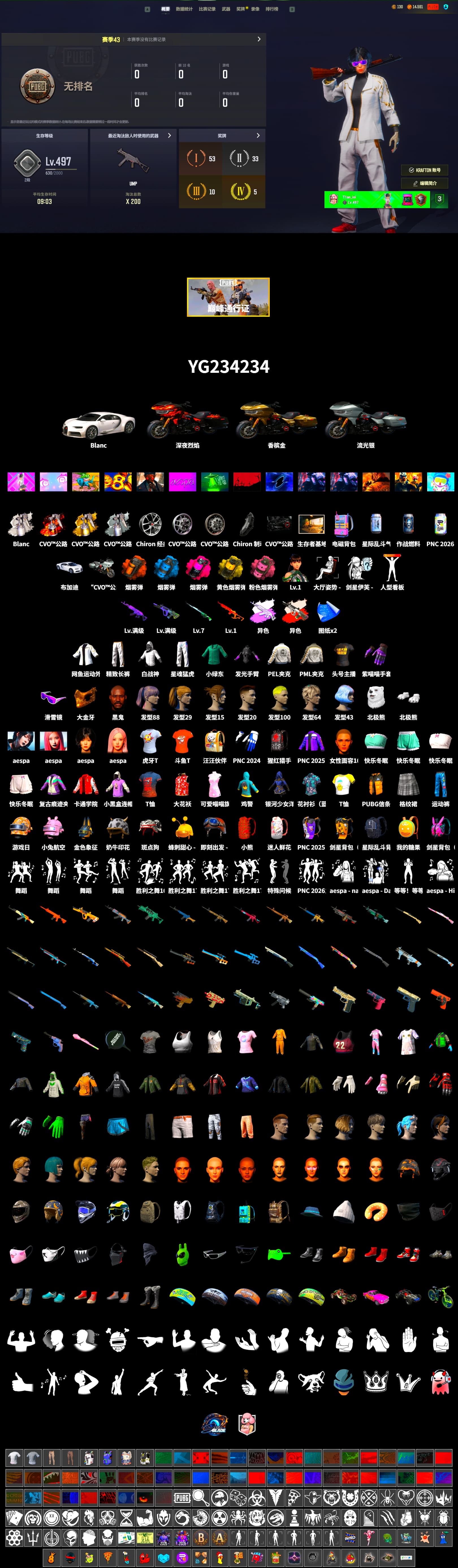 «Chiron» Sports Car, Medusa — Beryl M762 (Gray Purple), Neon Dream - AUG (White Orange), Azure Smoke Grenade, Orange Smoke Grenade, Magenta Smoke Grenade, Yellow Smoke Grenade, Pink Smoke Grenade, Jonathan Kamau, Snow Glasses, PGC 2021 Contingent Chaos Mask, Aespa, Polar Bear Feet, "CVO™ Road Glide® ST" Motorcycle, Harley Quinn's Hair, Wanyoo Tracksuit Top, PML 2019 Phase 2 Jacket, PEL 2019 Phase 2 Jacket, XingHun's Tiger Strike Pants, Exquisite Pants, StreamerOne, HUYA T-shirt, DOUYU T-shirt - 2