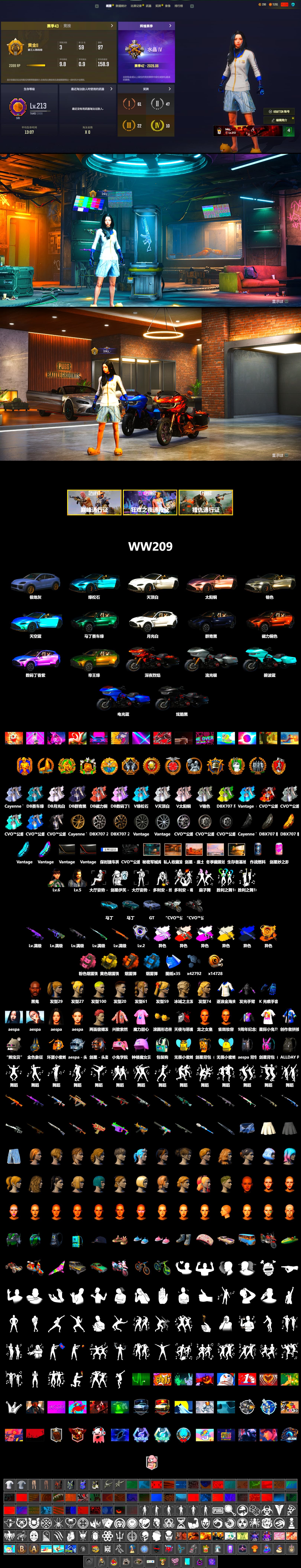 Medusa — Beryl M762 (Gray Purple), Neon Dream - AUG (White Orange), Final Serenade — M24 (Blue Black), Obscura - Mk12 (Silver Fuchsia), Void — Pan (Yellow Orange), Cosmic Caliber - Kar98k (White Yellow), Azure Smoke Grenade, Orange Smoke Grenade, Yellow Smoke Grenade, Pink Smoke Grenade, «Cayenne Turbo GT» SUV, «V12 Vantage Roadster (Luxe)» Sports Car, «DBX707» SUV, Jonathan Kamau, Aespa, "CVO™ Road Glide® ST" Motorcycle, Harley Quinn's Hair, «DBX707» SUV, «Chiron» Sports Car - 2