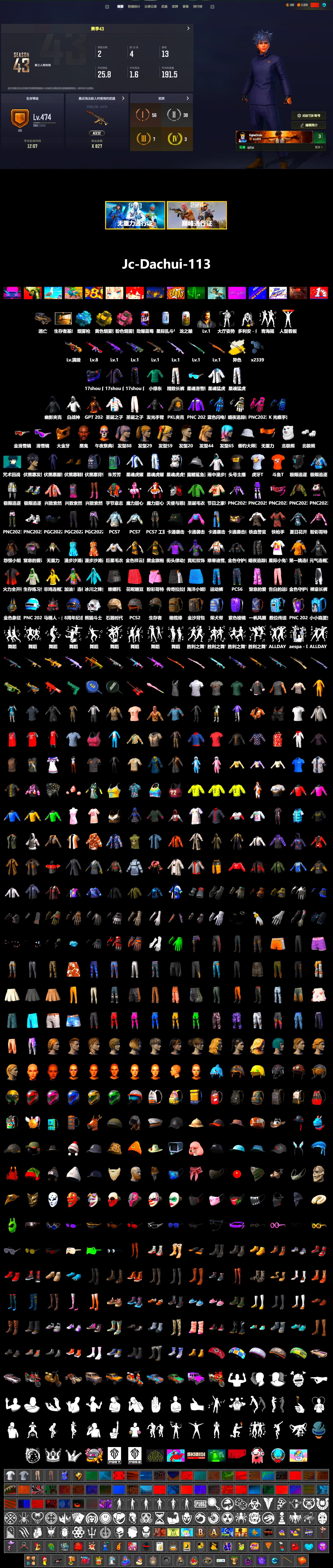 Cosmic Caliber - Kar98k (White Yellow), Yellow Smoke Grenade, Pink Smoke Grenade, Blue Magical Mist — M79, Jonathan Kamau, Snow Glasses, PGC 2021 Contingent Chaos Mask, Polar Bear Feet, Harley Quinn's Hair, XingHun's Tiger Strike Jacket, XingHun's Tiger Strike Pants, PKL 2019 Phase 2 Jacket, Exquisite Pants, StreamerOne, Blue Thunder Gloves, HUYA T-shirt, DOUYU T-shirt - 2