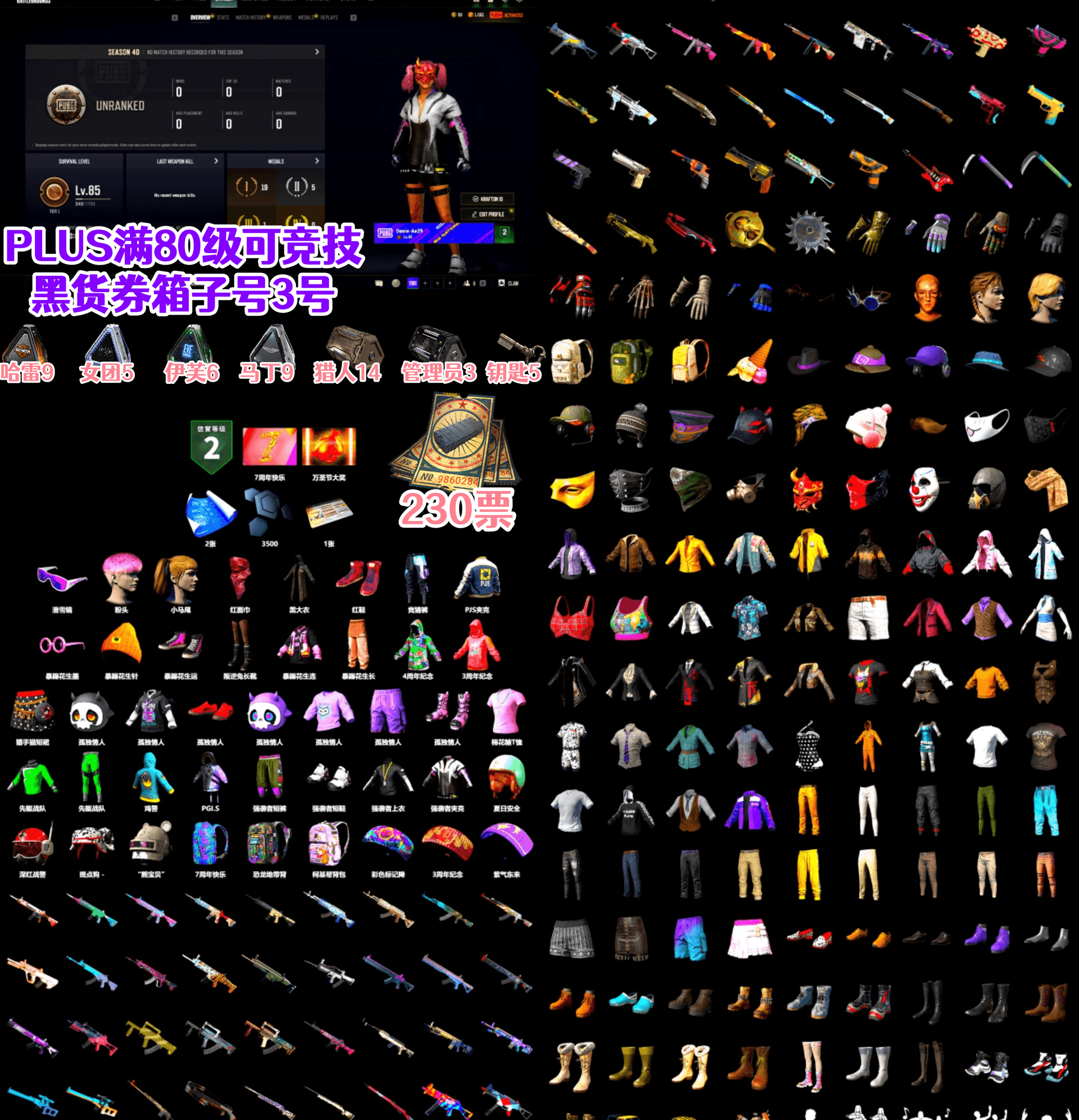 Hi-top Trainers (Red), Snow Glasses, PLAYERUNKNOWN's Bandana, Heavy Fur Coat (Black), Harley Quinn's Hair, PJS 2019 Phase 2 Jacket, Full Autumn — M416, Bengal Blade - SCAR-L - 2