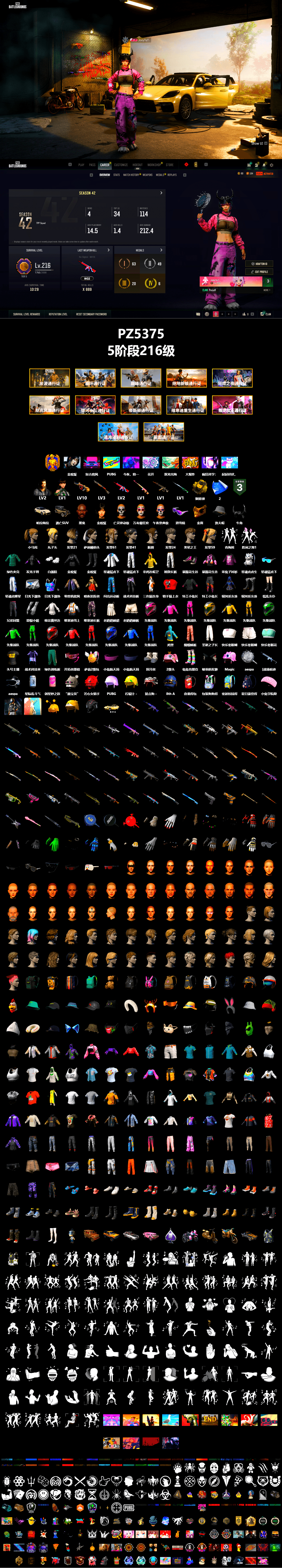 Rest in Pink — Dragunov [1], Yellow Smoke Grenade, «Panamera Turbo S» Sedan, Jonathan Kamau, Snow Glasses, PGC 2021 Contingent Chaos Mask, Demon Biker Horns, Polar Bear Feet, Aespa, Harley Quinn's Hair, XingHun's Tiger Strike Jacket, XingHun's Tiger Strike Pants, Exquisite Pants, XiongDi Hoodie, StreamerOne, Training Jacket (Green), Full Autumn — M416, Blue Thunder Gloves, 2018 PUBG ALL-STAR T-shirt (Korean), HUYA T-shirt - 2