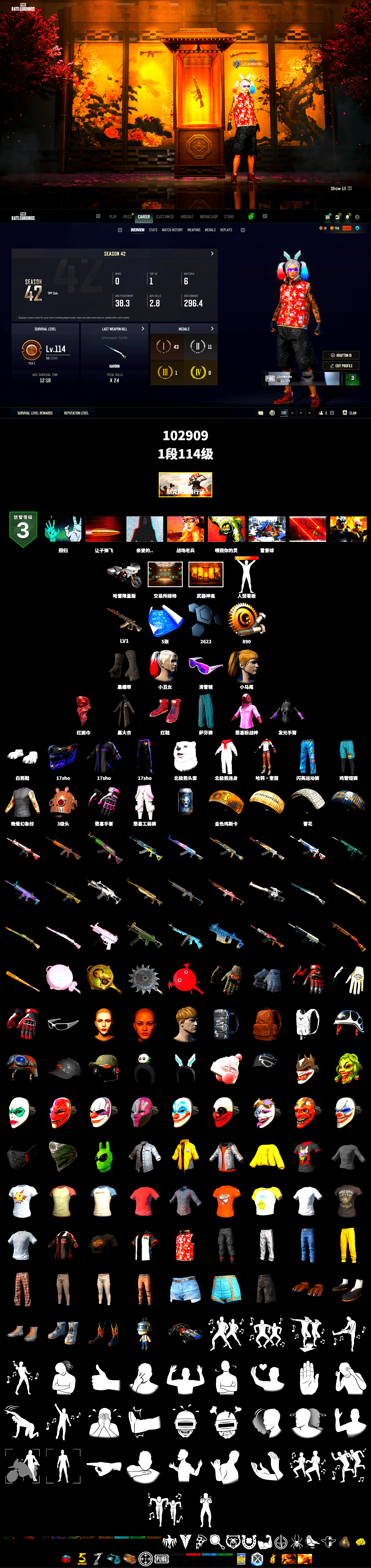 Hi-top Trainers (Red), Duncan's Infiltrator Handwraps, Harley Quinn's Hair, Snow Glasses, PLAYERUNKNOWN's Bandana, Heavy Fur Coat (Black), Rash Beixli Xtra Tough Jacket, Polar Bear Feet, Harley Quinn's Hair, Rash Beixli Xtra Tough Jacket, Sha Wujing's Shorts, Full Autumn — M416, HUYA T-shirt, DOUYU T-shirt, Sideshow Bear Feet - 2