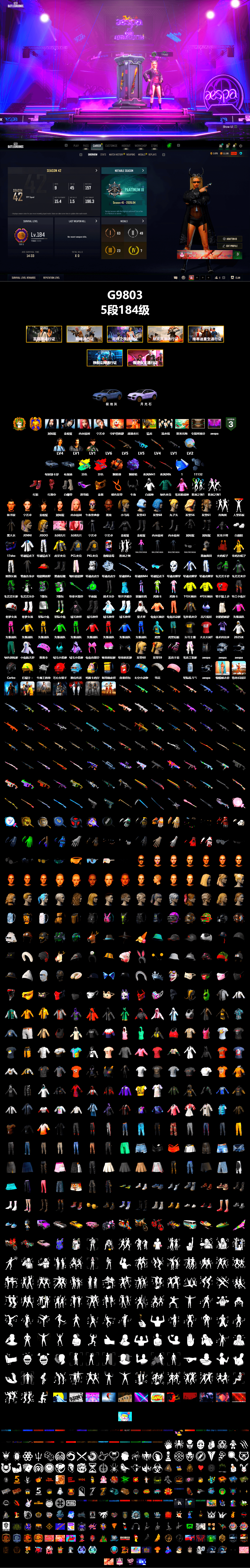 G-DRAGON — AUG (Red), Coral Smoke Grenade, Purple Magical Mist — M79, Hi-top Trainers (Red), PGI Title Wraps, «Cayenne Turbo GT» SUV, Jonathan Kamau, Snow Glasses, PGC 2021 Contingent Chaos Mask, Demon Biker Horns, PLAYERUNKNOWN's Bandana, Heavy Fur Coat (Black), Rash Beixli Xtra Tough Jacket, Blackpink, Aespa, Polar Bear Feet, Harley Quinn's Hair, Rash Beixli Xtra Tough Jacket, Speed & Momentum — M416, Speed & Momentum — Kar98k, XingHun's Tiger Strike Jacket, XingHun's Tiger Strike Pants, PKL 2019 Phase 2 Jacket, Exquisite Pants, Sha Wujing's Shorts, StreamerOne, GPT 2025 Four Angry Men Jacket, Training Jacket (Green), Full Autumn — M416, Blue Thunder Gloves, GLL Grand Slam Sweatshirt, HUYA T-shirt, DOUYU T-shirt - 2