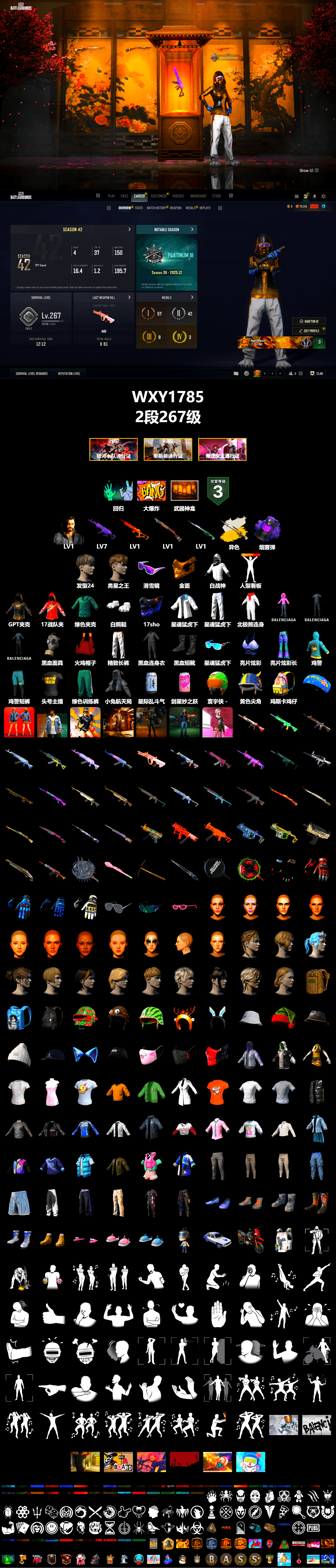 Cosmic Caliber - Kar98k (White Yellow), Purple Smoke Grenade, Snow Glasses, PGC 2021 Contingent Chaos Mask, Polar Bear Feet, XingHun's Tiger Strike Jacket, XingHun's Tiger Strike Pants, Exquisite Pants, Sha Wujing's Shorts, StreamerOne, Training Jacket (Green), Full Autumn — M416, Blue Thunder Gloves, 2018 PUBG ALL-STAR T-shirt (Korean), HUYA T-shirt, DOUYU T-shirt - 2