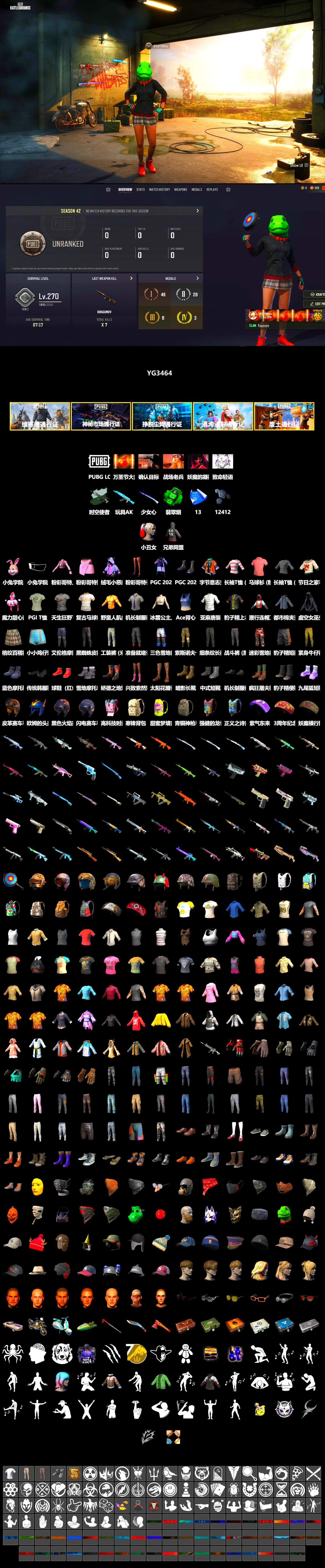 Time Keeper - M416 (Gray Green), Time Keeper - M416, Emerald Smoke Grenade, Harley Quinn's Hair, Lumi's Kar98k, Ashek's AKM, CigaretteSTV's M416, MadDog — M16A4, XiongDi Hoodie, Bloody Nurse Mask, PGI T-Shirt - 2