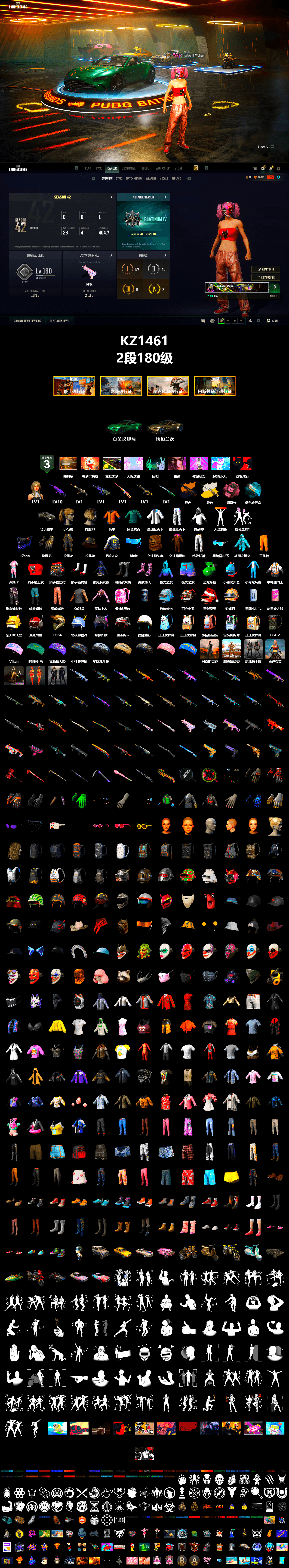 Rest in Pink — Dragunov [1], Medusa — Beryl M762 (Gold Charcoal), Cosmic Caliber - Kar98k (White Yellow), Pink Smoke Grenade, «V12 Vantage Roadster» Sports Car, Harley Quinn's Hair, XingHun's Tiger Strike Jacket, XingHun's Tiger Strike Pants, PJS 2019 Phase 2 Jacket, Exquisite Pants, Sha Wujing's Shorts, 2018 PUBG ALL-STAR T-shirt (Korean), Sideshow Bear Feet - 2
