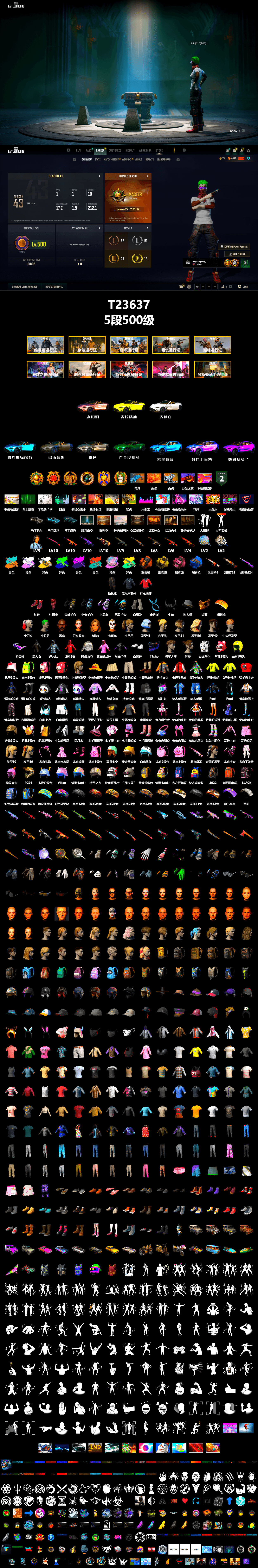 Survivalist Slacks, SEA Champ Training T-shirt, PAI 2019 Jacket, Medusa — Beryl M762 (Gray Purple), Siren — Pan (Pink), Orange Smoke Grenade, Yellow Smoke Grenade, Pink Smoke Grenade, Blue Fog of Fury — M79, Hi-top Trainers (Red), Break's Gloves, Danucd's Gloves, Heybox Gloves, Ashek's Gloves, PGI Title Wraps, Harley Quinn's Hair, The Joker's Hair, «V12 Vantage Roadster» Sports Car, «V12 Vantage Roadster (Luxe)» Sports Car, «DBX707» SUV, chocoTaco's Beryl M762, Jonathan Kamau, Snow Glasses, PGC 2021 Contingent Chaos Mask, Demon Biker Horns, Kansas Headband, La Catrina Makeup, PLAYERUNKNOWN's Bandana, Heavy Fur Coat (Black), Rash Beixli Xtra Tough Jacket, Polar Bear Feet, Harley Quinn's Hair, Rash Beixli Xtra Tough Jacket, CigaretteSTV's M416, JennaJulien's M24, Harley Quinn's Makeup, PGI 2018 «Four Angry Men» Hoodie, PML 2019 Phase 2 Jacket, chocoTaco's Parachute, Sha Wujing's Shorts, StreamerOne, PGC 2019 — Pan, PUBG Nations Cup 2019 Pan, 2018 PUBG ALL-STAR T-shirt (Korean), Esports IGL Shirt, Esports Chicken Dinner Shirt, Zerator's Pleated Skirt, Xargon's Skirt, «DBX707» SUV - 2