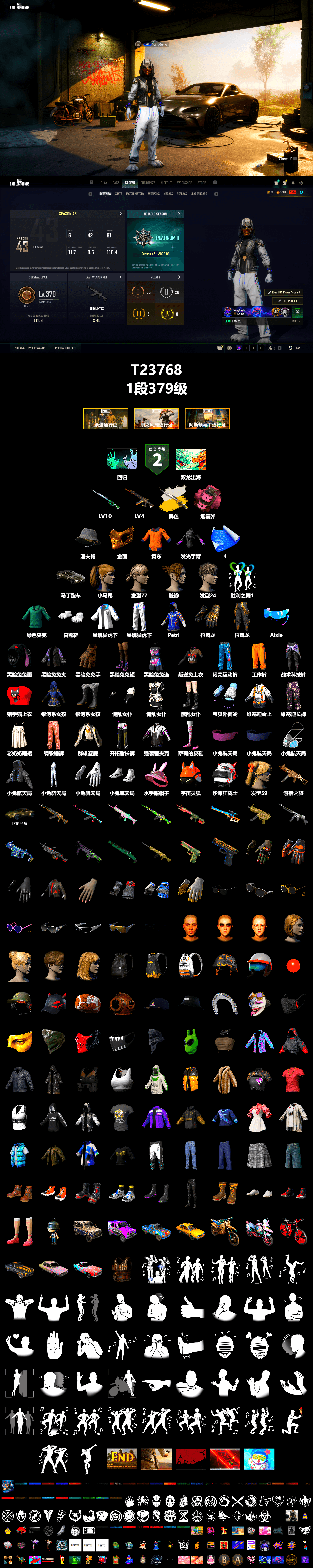 Cosmic Caliber - Kar98k (White Yellow), Pink Smoke Grenade, «V12 Vantage Roadster» Sports Car, PGC 2021 Contingent Chaos Mask, Polar Bear Feet, Harley Quinn's Hair, XingHun's Tiger Strike Jacket, XingHun's Tiger Strike Pants, Heavy Fur Coat (Black) - 2