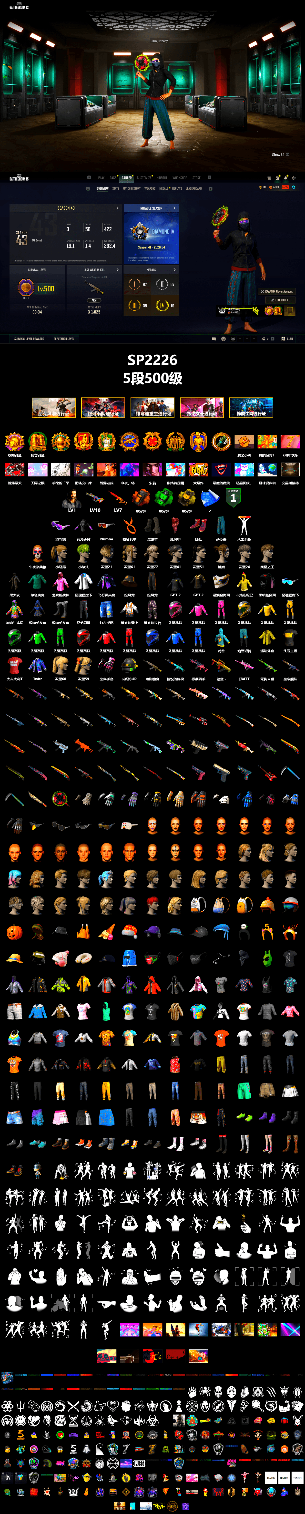 Reaper, Predator, Orange Smoke Grenade, Emerald Smoke Grenade, Yellow Smoke Grenade, Hi-top Trainers (Red), Duncan's Infiltrator Handwraps, Snow Glasses, PLAYERUNKNOWN's Bandana, Heavy Fur Coat (Black), Rash Beixli Xtra Tough Jacket, Harley Quinn's Hair, Hairstyle PGI.S, Rash Beixli Xtra Tough Jacket, XingHun's Tiger Strike Jacket, XiongDi Hoodie, Sha Wujing's Shorts, StreamerOne, Blue Thunder Gloves, Heavy Fur Coat (Black), DOUYU T-shirt - 2