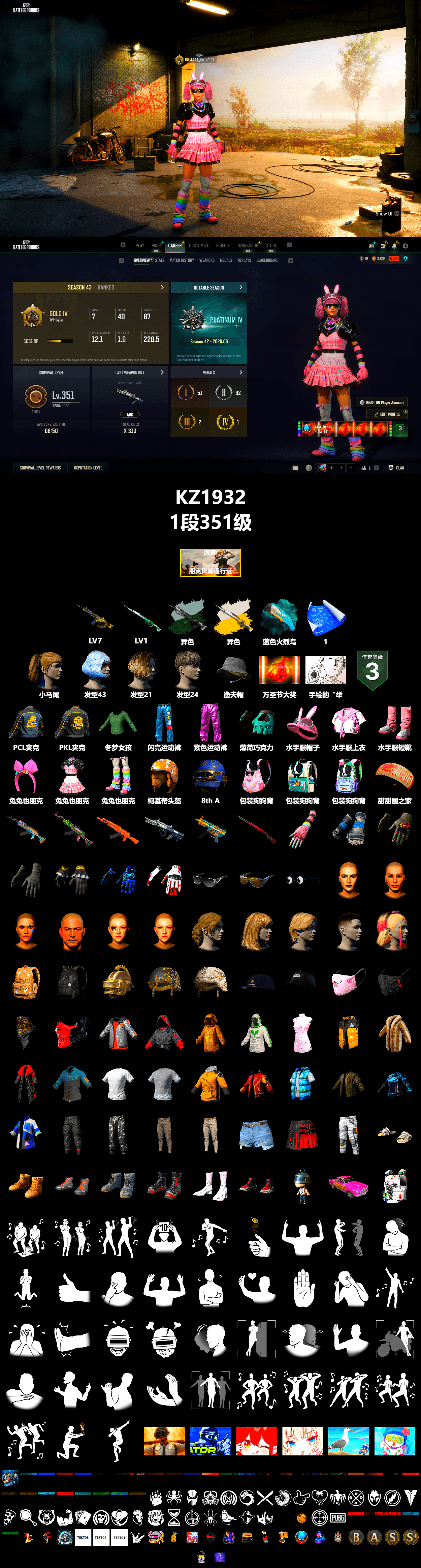 Time Keeper - M416 (Gray Green), Cosmic Caliber - Kar98k (White Yellow), Blue Flamingo Fling - M79, Harley Quinn's Hair, PKL 2019 Phase 2 Jacket, Heavy Fur Coat (Black) - 2