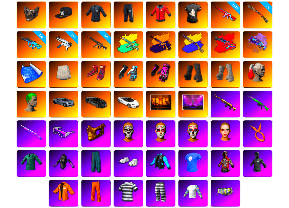 Reaper Mask, SEA Champ Training T-shirt, PAI 2019 Jacket, DMM T-Shirt, G-DRAGON — AUG (Red), Purple Magical Mist — M79, School Skirt, Hi-top Trainers (Red), Shroud's Gloves, Hambinooo's Gloves, Duncan's Infiltrator Handwraps, PGI Title Wraps, Harley Quinn's Hair, The Joker's Hair, Weapons Shrine, SkipNhO's SLR, Snow Glasses, PGC 2021 Contingent Chaos Mask, Polar Bear Feet, Escapee Jacket, Jailbird T-Shirt, Rash Vest, Aixleft's Gaming Streamer Hoodie, aespa Stage, Harley Quinn's Hair, Hairstyle PGI.S, Bunny Academy Sailor Gloves, Rash Beixli Xtra Tough Jacket, SEA Champ Training Snapback, SEA Champ Training Pants, Pirate KIM's SKS, JennaJulien's M24, Harley Quinn's Makeup, Shroud's Varsity Jacket, JennaJulien's Pleated Skirt, PGI Ringside Hoodie, PGI 2018 «Four Angry Men» Hoodie, aespa NINGNING, XingHun's Tiger Strike Jacket, XingHun's Tiger Strike Pants, PJS 2019 Phase 2 Jacket, PCL 2019 Phase 2 Jacket, PKL 2019 Phase 2 Jacket, Aixleft's Gaming Streamer Hoodie, Exquisite Pants, XingHun's Tiger Strike Snow Glasses, Pigff's Tactical Striker Jacket, NH-Esports Jacket, Jijing's Shorts, StreamerOne, GPT 2025 Four Angry Men Jacket, aespa KARINA, aespa WINTER, aespa GISELLE, Parachute, Crimson Snowflake - QBZ, NH-ESPORTS - Beryl M762, PGC 2019 - AKM, PGC 2019 — Mini14, PGC 2019 — Pan, PUBG Nations Cup 2019 Pan, Festive Gloves (Red), Crash Test Handwraps, Diva Glasses (White), Rose-tinted Glasses, Shark Bite - Kar98k, Grizz's Mask, PAI 2019 Mask, Killer Clown Mask, shroud's Cloth Mask, MET Asia Series Bomber Jacket, PGI T-Shirt, 2018 PUBG ALL-STAR T-shirt (Korean), Heavy Fur Coat (Black) - 1