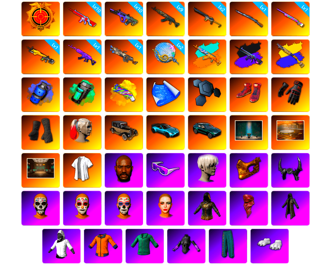 Blue Smoke Grenade, Teal Smoke Grenade, Yellow Fog of Fury — M79, Hi-top Trainers (Red), spajKK's Gloves, Duncan's Infiltrator Handwraps, Harley Quinn's Hair, «V12 Vantage Roadster (Luxe)» Sports Car, «DBX707» SUV, Chamber of Triumph, Showroom, Secret Showroom, Short Sleeve Anchor Print Shirt, Jonathan Kamau, Snow Glasses, 9S's Hairstyle, PGC 2021 Contingent Chaos Mask, Demon Biker Horns, Harley Quinn's Makeup, PLAYERUNKNOWN's Bandana, Heavy Fur Coat (Black), WackyJacky101's Jacket, Work Jacket, Polar Bear Feet, FireDragon's Shirt, PEL 2019 Phase 2 Jacket, Aixleft's Gaming Streamer Hoodie, Parachute, aespa Stage, XingHun's Tiger Strike Jacket, XingHun's Tiger Strike Pants, PCL 2019 Phase 2 Jacket, Aixleft's Gaming Streamer Hoodie, «DBX707» SUV, Harley Quinn's Hair, XingHun's Tiger Strike Snow Glasses, Pigff's Tactical Striker Jacket, XiongDi Hoodie, StreamerOne, Bunny Academy Sailor Gloves, aespa WINTER, Full Autumn — M416, Blue Thunder Gloves, Grizz's Mask, MET Asia Series Bomber Jacket, GLL Grand Slam Sweatshirt, DOUYU T-shirt - 1