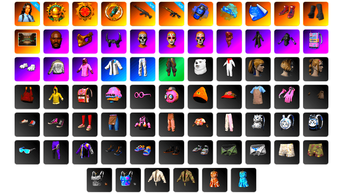 Azure Dragon — Beryl M762 [10], Zhu Bajie — M416 [10], Hanna [1], Blue Smoke Grenade, Blue Magical Mist — M79, Hi-top Trainers (Red), Duncan's Infiltrator Handwraps, Secret Showroom, Jonathan Kamau, PGC 2021 Contingent Chaos Mask, Demon Biker Horns, PLAYERUNKNOWN's Bandana, Heavy Fur Coat (Black), PGC 2022 Tac-Tech Shirt, Polar Bear Feet, Rash Beixli Xtra Tough Jacket, Harley Quinn's Hair, Bunny Academy Sailor Gloves, Rash Beixli Xtra Tough Jacket, Deadman's Rhythm Makeup, Marigold Mayhem Makeup, Midnight Ritual Makeup, PML 2019 Phase 2 Jacket, XingHun's Tiger Strike Jacket, XingHun's Tiger Strike Pants, XingHun's Tiger Strike Snow Glasses, MET Asia Series Bomber Jacket, Heavy Fur Coat (Black), Jijing's Shorts, StreamerOne, Parachute, LINE FRIENDS SALLY SET, Bunny Academy Gloves, Shark Bite - Kar98k, 86 Adventure Hat, Headset Bucket Hat, Grizz's Mask - 1