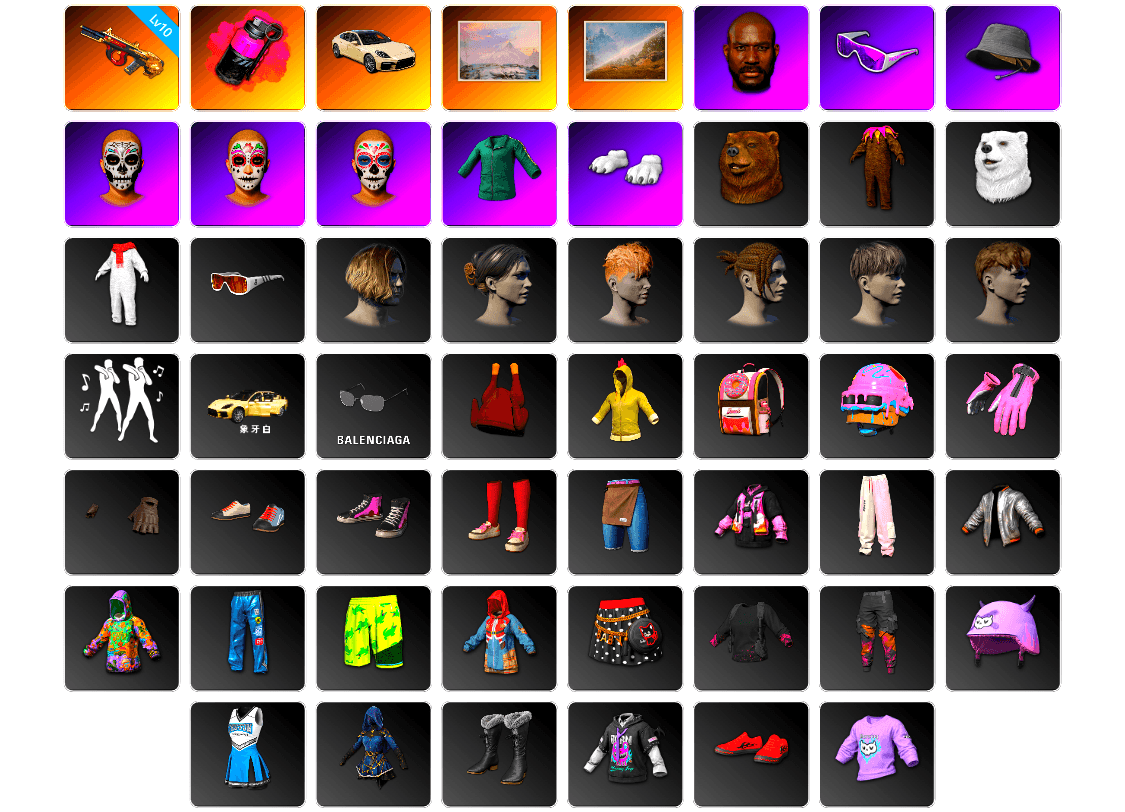 Magenta Smoke Grenade, «Panamera Turbo S» Sedan, Winter Hideout, Jonathan Kamau, Snow Glasses, Headset Bucket Hat, Polar Bear Feet, Bunny Academy Sailor Gloves, StreamerOne, Full Autumn — M416, Blue Thunder Gloves, Grizz's Mask, GLL Grand Slam Sweatshirt, Sideshow Bear Feet - 1