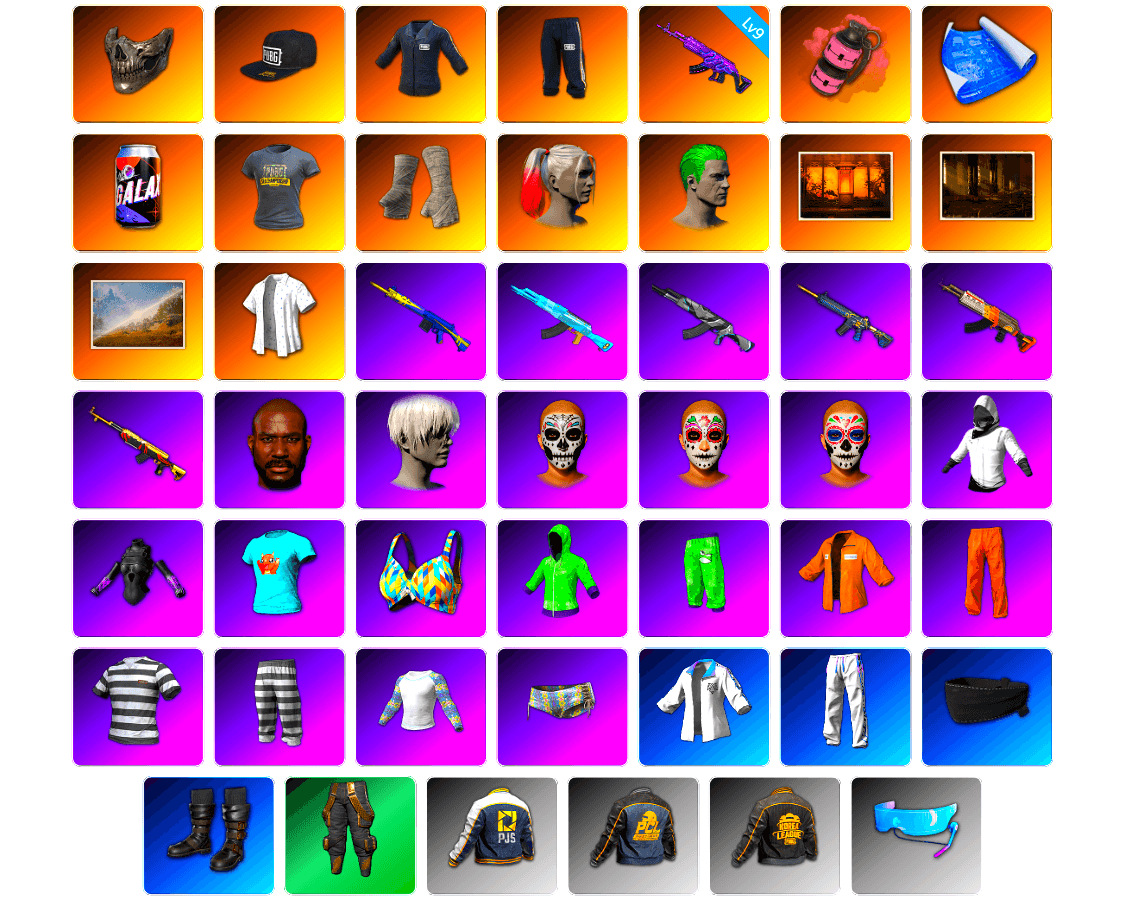 Medusa — Beryl M762 [9], Reaper Mask, SEA Champ Training T-shirt, Pink Smoke Grenade, PGI Title Wraps, Harley Quinn's Hair, The Joker's Hair, Weapons Shrine, Ashek's AKM, chocoTaco's Beryl M762, Jonathan Kamau, 9S's Hairstyle, WackyJacky101's Jacket, PGC 2022 Tac-Tech Shirt, SkipNhO's SLR, Escapee Jacket, Jailbird T-Shirt, Rash Vest, Rash Beixli Xtra Tough Jacket, SEA Champ Training Snapback, SEA Champ Training Pants, Nostalgia, Short Sleeve Anchor Print Shirt, fuffenz's SLR, Ghosted — AKM, Pirate KIM's M416, Pirate KIM's SKS, Deadman's Rhythm Makeup, Marigold Mayhem Makeup, Midnight Ritual Makeup, FireDragon's Shirt, XingHun's Tiger Strike Jacket, XingHun's Tiger Strike Pants, PJS 2019 Phase 2 Jacket, PCL 2019 Phase 2 Jacket, PKL 2019 Phase 2 Jacket, Aixleft's Gaming Streamer Hoodie, Exquisite Pants, XingHun's Tiger Strike Snow Glasses, Bunny Academy Gloves, Parachute, Full Autumn — M416, Silver Plate — M416, Crimson Snowflake - QBZ, XingHun's AKM, Bengal Blade - SCAR-L, SPYGEA's M24, Dahmien7's Champion Pan, Rose-tinted Glasses, Balaclava (Pink), Bloody Nurse Cap, Grizz's Mask, PAI 2019 Mask, MET Asia Series Bomber Jacket, GLL Grand Slam Sweatshirt, Heavy Fur Coat (Black), JiBaoBa, DOUYU T-shirt, Lawan's Pants, Zerator's Pleated Skirt, chocoTaco's Kicks - 1