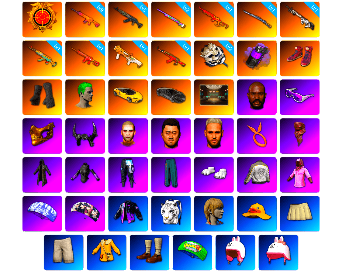 Purple Smoke Grenade, Hi-top Trainers (Red), Duncan's Infiltrator Handwraps, The Joker's Hair, Secret Showroom, Jonathan Kamau, Snow Glasses, PGC 2021 Contingent Chaos Mask, Demon Biker Horns, The Joker's Hair, PLAYERUNKNOWN's Bandana, Heavy Fur Coat (Black), Polar Bear Feet, Rash Beixli Xtra Tough Jacket, aespa Stage, LINE FRIENDS BROWN SET, Harley Quinn's Hair, Hairstyle PGI.S, Bunny Academy Sailor Gloves, Rash Beixli Xtra Tough Jacket, PML 2019 Phase 2 Jacket, Parachute, PKL 2019 Phase 2 Jacket, MET Asia Series Distressed Jeans, NH-Esports Jacket, Jijing's Shorts, Winner Winner Chicken Dinner T-Shirt (Red), Full Autumn — M416, Gold Plate — M416, NH-ESPORTS - Beryl M762, Serpent's Kiss - AKM, Shark Bite - Kar98k, Refined Aeolus — Vector, Pigff's DBS, Crash Test Handwraps - 1