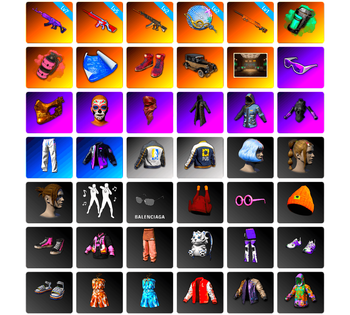 Teal Smoke Grenade, Pink Smoke Grenade, Hi-top Trainers (Red), Secret Showroom, Snow Glasses, PGC 2021 Contingent Chaos Mask, PLAYERUNKNOWN's Bandana, Heavy Fur Coat (Black), XingHun's Tiger Strike Pants, NPL 2019 Phase 2 Jacket, PJS 2019 Phase 2 Jacket, StreamerOne, GPT 2025 Four Angry Men Jacket, Grizz's Mask - 1