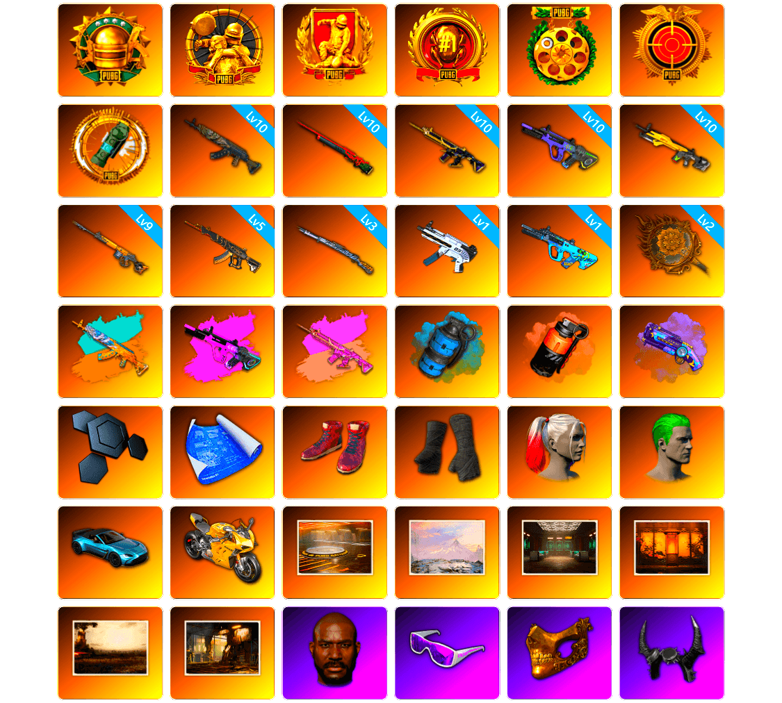 Azure Smoke Grenade, Coral Smoke Grenade, Purple Magical Mist — M79, Hi-top Trainers (Red), Duncan's Infiltrator Handwraps, Harley Quinn's Hair, The Joker's Hair, «V12 Vantage Roadster (Luxe)» Sports Car, «Panigale V4 S (Gold Rush)» Motorcycle, Showroom, Winter Hideout, Secret Showroom, Weapons Shrine, Desolate Warehouse, Jonathan Kamau, Snow Glasses, PGC 2021 Contingent Chaos Mask, Demon Biker Horns, The Joker's Hair, Harley Quinn's Makeup, PLAYERUNKNOWN's Bandana, Heavy Fur Coat (Black), WackyJacky101's Jacket, Polar Bear Feet, PML 2019 Phase 2 Jacket, Rash Beixli Xtra Tough Jacket, XingHun's Tiger Strike Jacket, XingHun's Tiger Strike Pants, PJS 2019 Phase 2 Jacket, PKL 2019 Phase 2 Jacket, Aixleft's Gaming Streamer Hoodie, Harley Quinn's Hair, XingHun's Tiger Strike Snow Glasses, Jijing's Shorts, StreamerOne, Winner Winner Chicken Dinner T-Shirt (Red), Bunny Academy Sailor Gloves, Rash Beixli Xtra Tough Jacket, «McLaren GT Standard (Silica White)» Sports Car, Full Autumn — M416, Refined Aeolus — Vector, Douyu Biker Jacket, Grizz's Mask, MET Asia Series Bomber Jacket, GLL Grand Slam Sweatshirt, HUYA T-shirt, JiBaoBa, DOUYU T-shirt, Sideshow Bear Feet - 1