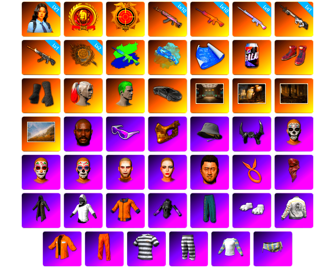 Trick-or-treat — M416 [10], Gear Head — Beryl M762 [10], Deadly Dollhouse — SLR [9], Tang Sanzang — Pan [2], Cyber Threat — Mk12 [1], Demon Hunter — ACE32 [1], Hanna [1], Blue Magical Mist — M79, Hi-top Trainers (Red), Duncan's Infiltrator Handwraps, Harley Quinn's Hair, The Joker's Hair, «McLaren GT Standard (Silica White)» Sports Car, Secret Showroom, Jonathan Kamau, Snow Glasses, PGC 2021 Contingent Chaos Mask, Headset Bucket Hat, Demon Biker Horns, The Joker's Hair, PLAYERUNKNOWN's Bandana, Heavy Fur Coat (Black), WackyJacky101's Jacket, Work Jacket, PGC 2022 Tac-Tech Shirt, Polar Bear Feet, Escapee Jacket, Jailbird T-Shirt, Rash Vest, Harley Quinn's Hair, Hairstyle PGI.S, Bunny Academy Sailor Gloves, Desolate Warehouse, Nostalgia, Deadman's Rhythm Makeup, Marigold Mayhem Makeup, Midnight Ritual Makeup, Harley Quinn's Makeup, PEL 2019 Phase 2 Jacket, XingHun's Tiger Strike Pants, PJS 2019 Phase 2 Jacket, PCL 2019 Phase 2 Jacket, Pigff's Tactical Striker Jacket, Bunny Academy Gloves, Heavy Fur Coat (Black), Jijing's Shorts, LINE FRIENDS CHOCO SET, StreamerOne, Winner Winner Chicken Dinner T-Shirt (Red), Parachute, Full Autumn — M416, LINE FRIENDS SALLY SET, Douyu Biker Jacket, Tactical Gloves, Rose-tinted Glasses, «V12 Vantage Roadster» Sports Car, Shark Bite - Kar98k, 86 Adventure Hat, Grizz's Mask, JiBaoBa, DOUYU T-shirt - 1