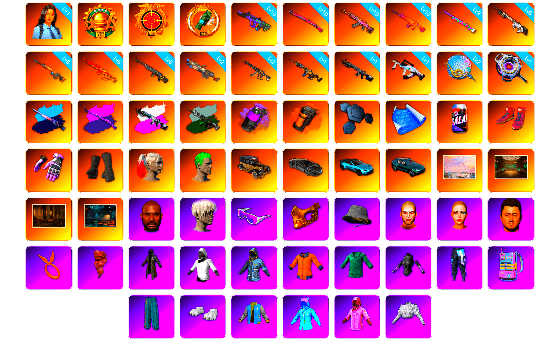 Obscura - Mk12 (Silver Fuchsia), Time Keeper - M416 (Gray Green), Purple Smoke Grenade, Orange Smoke Grenade, Hi-top Trainers (Red), Heybox Gloves, Duncan's Infiltrator Handwraps, Harley Quinn's Hair, The Joker's Hair, «V12 Vantage Roadster (Luxe)» Sports Car, «DBX707» SUV, Winter Hideout, Secret Showroom, Jonathan Kamau, 9S's Hairstyle, Snow Glasses, PGC 2021 Contingent Chaos Mask, Headset Bucket Hat, The Joker's Hair, PLAYERUNKNOWN's Bandana, Heavy Fur Coat (Black), WackyJacky101's Jacket, Work Jacket, Polar Bear Feet, PUBG I Jacket, Aixleft's Gaming Streamer Hoodie, Rash Beixli Xtra Tough Jacket, LINE FRIENDS BROWN SET, Harley Quinn's Hair, Hairstyle PGI.S, Bunny Academy Sailor Gloves, Rash Beixli Xtra Tough Jacket, Nostalgia, Harley Quinn's Makeup, XingHun's Tiger Strike Pants, PJS 2019 Phase 2 Jacket, PCL 2019 Phase 2 Jacket, Aixleft's Gaming Streamer Hoodie, «DBX707» SUV, NH-Esports Jacket, Jijing's Shorts, StreamerOne, Winner Winner Chicken Dinner T-Shirt (Red), GPT 2025 Four Angry Men Jacket, Full Autumn — M416, Silver Plate — M416, Gold Plate — M416, NH-ESPORTS - Beryl M762, MinORu's Mini14, MOZZ's M24, Pigff's DBS, Forever's S1897, KAKAO FRIENDS ULTIMATE BUNDLE, Blue Thunder Gloves, Crash Test Handwraps, Diva Glasses (White) - 1