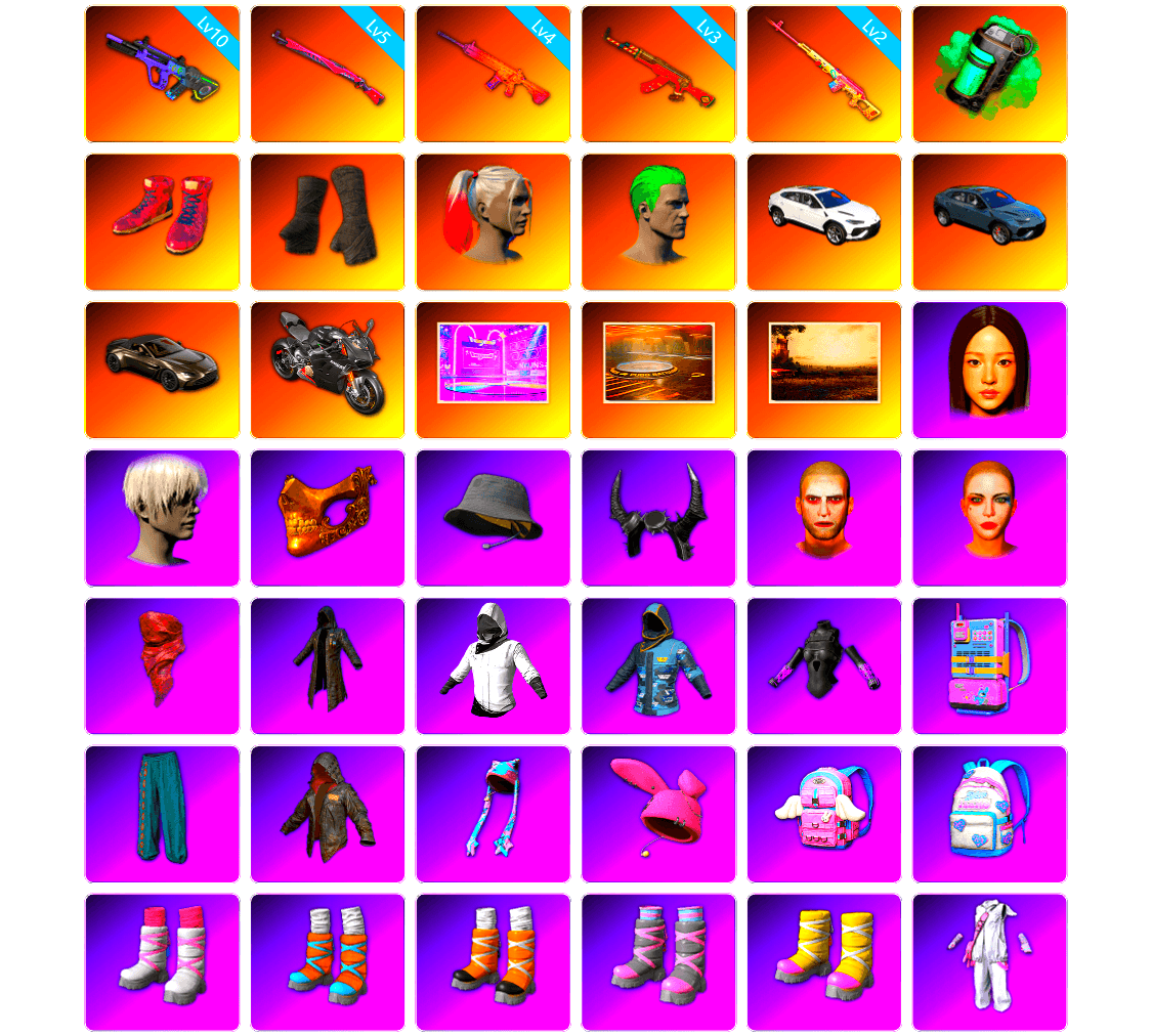 Neon Dream — AUG [10], Midnight Menace — Kar98k [5], Trick-or-treat — M416 [4], Santa's Helper — AKM [3], Rest in Pink — Dragunov [2], Teal Smoke Grenade, Hi-top Trainers (Red), Duncan's Infiltrator Handwraps, Harley Quinn's Hair, The Joker's Hair, «Urus S» SUV, «V12 Vantage Roadster» Sports Car, «V12 Vantage Roadster» Sports Car, «Panigale V4 S (Pitch Black)» Motorcycle, «Panigale V4 S (Ducati Red)» Motorcycle, PUBG x NewJeans Stage, Showroom, 9S's Hairstyle, PGC 2021 Contingent Chaos Mask, Headset Bucket Hat, Demon Biker Horns, The Joker's Hair, PLAYERUNKNOWN's Bandana, Heavy Fur Coat (Black), WackyJacky101's Jacket, PGC 2022 Tac-Tech Shirt, Harley Quinn's Hair, Bunny Academy Sailor Gloves, Harley Quinn's Makeup, PUBG X NEWJEANS DANIELLE SET, PUBG x NewJeans HYEIN, Parachute, XingHun's Tiger Strike Jacket, XingHun's Tiger Strike Pants, Aixleft's Gaming Streamer Hoodie, XingHun's Tiger Strike Snow Glasses, XiongDi Hoodie, Heavy Fur Coat (Black), StreamerOne, Winner Winner Chicken Dinner T-Shirt (Red), LINE FRIENDS SALLY SET, Full Autumn — M416, Bunny Academy Gloves, Tactical Gloves, Grizz's Mask, MET Asia Series Bomber Jacket, JiBaoBa, Sideshow Bear Feet - 1