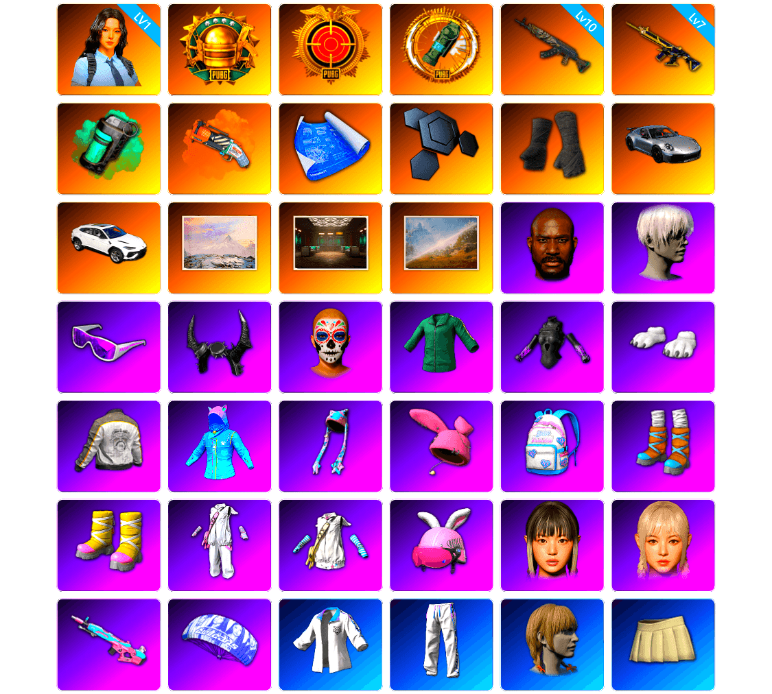 Teal Smoke Grenade, Orange Fog of Fury — M79, Duncan's Infiltrator Handwraps, «911 Carrera GTS» Sports Car, Winter Hideout, Secret Showroom, Jonathan Kamau, 9S's Hairstyle, Snow Glasses, Demon Biker Horns, Polar Bear Feet, Aixleft's Gaming Streamer Hoodie, Harley Quinn's Hair, Bunny Academy Sailor Gloves, PML 2019 Phase 2 Jacket, PUBG X NEWJEANS DANIELLE SET, Parachute, XingHun's Tiger Strike Jacket, XingHun's Tiger Strike Pants, PJS 2019 Phase 2 Jacket, PCL 2019 Phase 2 Jacket, Aixleft's Gaming Streamer Hoodie, XingHun's Tiger Strike Snow Glasses, Training Jacket (Green), Festive Gloves (Red), JiBaoBa - 1