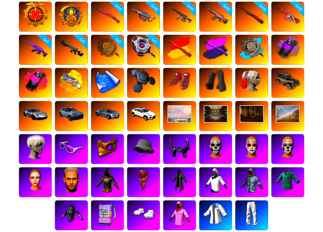 Demon's Touch — ACE32 [10], Midnight Menace — Kar98k [10], Sun Wukong — M24 [10], No Signal — M416 [10], Bumper Blaster — AUG [10], Gear Head — Beryl M762 [10], Tang Sanzang — Pan [2], Obscura - Mk12 [1], Medusa — Beryl M762 [1], Void — Pan [1], Purple Smoke Grenade, Magenta Smoke Grenade, Magenta Smoke Grenade, Yellow Fog of Fury — M79, Hi-top Trainers (Red), Duncan's Infiltrator Handwraps, Harley Quinn's Hair, «911 Carrera GTS» Sports Car, «Cayenne Turbo GT» SUV, «Cayenne Turbo GT» SUV, «Chiron» Sports Car, «Urus S» SUV, Winter Hideout, Secret Showroom, 9S's Hairstyle, Snow Glasses, PGC 2021 Contingent Chaos Mask, Headset Bucket Hat, Demon Biker Horns, PLAYERUNKNOWN's Bandana, Heavy Fur Coat (Black), WackyJacky101's Jacket, Training Jacket (Green), PGC 2022 Tac-Tech Shirt, Polar Bear Feet, Rash Beixli Xtra Tough Jacket, Harley Quinn's Hair, Bunny Academy Sailor Gloves, Rash Beixli Xtra Tough Jacket, Nostalgia, Deadman's Rhythm Makeup, Marigold Mayhem Makeup, Midnight Ritual Makeup, Harley Quinn's Makeup, XingHun's Tiger Strike Jacket, XingHun's Tiger Strike Pants, NPL 2019 Phase 2 Jacket, PJS 2019 Phase 2 Jacket, PKL 2019 Phase 2 Jacket, Exquisite Pants, XingHun's Tiger Strike Snow Glasses, Bunny Academy Gloves, MET Asia Series Distressed Jeans, Heavy Fur Coat (Black), LINE FRIENDS CHOCO SET, StreamerOne, GPT 2025 Four Angry Men Jacket, Training Jacket (Green), LINE FRIENDS SALLY SET, Parachute, Full Autumn — M416, Blue Thunder Gloves, Diva Glasses (White), 86 Adventure Hat - 1