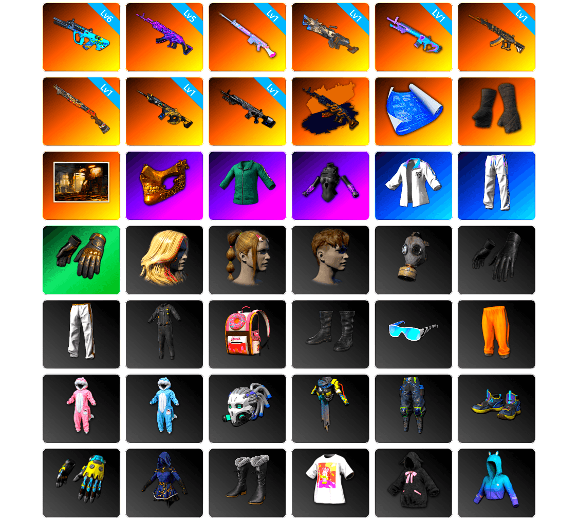 Duncan's Infiltrator Handwraps, PGC 2021 Contingent Chaos Mask, Bunny Academy Sailor Gloves, Desolate Warehouse, XingHun's Tiger Strike Jacket, XingHun's Tiger Strike Pants, Exquisite Pants, XingHun's Tiger Strike Snow Glasses, StreamerOne, Training Jacket (Green), Full Autumn — M416, Grizz's Mask, 2018 PUBG ALL-STAR T-shirt (Korean) - 1