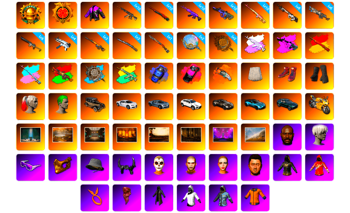 Rest in Pink — Dragunov [10], Blue Smoke Grenade, Magenta Smoke Grenade, Orange Fog of Fury — M79, School Skirt, Hi-top Trainers (Red), Duncan's Infiltrator Handwraps, Harley Quinn's Hair, The Joker's Hair, «Chiron» Sports Car, «V12 Vantage Roadster» Sports Car, «V12 Vantage Roadster (Luxe)» Sports Car, «DBX707» SUV, «Panigale V4 S (Gold Rush)» Motorcycle, Chamber of Triumph, Showroom, Secret Showroom, Weapons Shrine, Nostalgia, Jonathan Kamau, 9S's Hairstyle, Snow Glasses, PGC 2021 Contingent Chaos Mask, Headset Bucket Hat, Demon Biker Horns, La Catrina Makeup, The Joker's Hair, Harley Quinn's Makeup, PLAYERUNKNOWN's Bandana, Heavy Fur Coat (Black), WackyJacky101's Jacket, Work Jacket, Polar Bear Feet, PEL 2019 Phase 2 Jacket, Aixleft's Gaming Streamer Hoodie, Rash Beixli Xtra Tough Jacket, PUBG x NewJeans HYEIN, Parachute, aespa Stage, aespa NINGNING, XingHun's Tiger Strike Jacket, XingHun's Tiger Strike Pants, NPL 2019 Phase 2 Jacket, PJS 2019 Phase 2 Jacket, PCL 2019 Phase 2 Jacket, Aixleft's Gaming Streamer Hoodie, «DBX707» SUV, Harley Quinn's Hair, Exquisite Pants, XingHun's Tiger Strike Snow Glasses, Pigff's Tactical Striker Jacket, XiongDi Hoodie, MET Asia Series Bomber Jacket, StreamerOne, Winner Winner Chicken Dinner T-Shirt (Red), GPT 2025 Four Angry Men Jacket, Training Jacket (Green), Bunny Academy Sailor Gloves, Rash Beixli Xtra Tough Jacket, aespa KARINA, aespa WINTER, aespa GISELLE, Full Autumn — M416, Douyu Biker Jacket, Blue Thunder Gloves, Diva Glasses (White) - 1