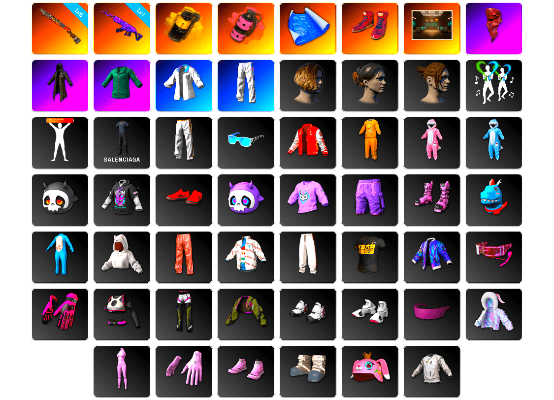 Yellow Smoke Grenade, Pink Smoke Grenade, Hi-top Trainers (Red), Secret Showroom, PLAYERUNKNOWN's Bandana, Heavy Fur Coat (Black), Bunny Academy Sailor Gloves, XingHun's Tiger Strike Jacket, XingHun's Tiger Strike Pants, Exquisite Pants, XingHun's Tiger Strike Snow Glasses, StreamerOne, Parachute, Blue Thunder Gloves, Grizz's Mask - 1