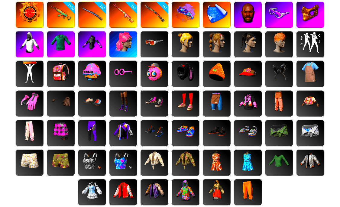 Rest in Pink — Dragunov [2], Purple Magical Mist — M79, Jonathan Kamau, Snow Glasses, PGC 2021 Contingent Chaos Mask, WackyJacky101's Jacket, Bunny Academy Sailor Gloves, Jijing's Shorts, StreamerOne, GPT 2025 Four Angry Men Jacket, Full Autumn — M416, Festive Gloves (Red), Blue Thunder Gloves, Diva Glasses (White), Grizz's Mask, Sideshow Bear Feet - 1