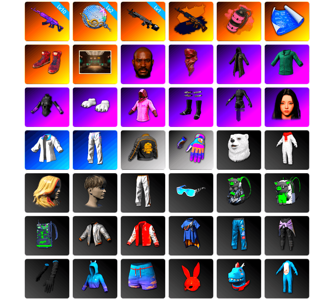 Pink Smoke Grenade, Hi-top Trainers (Red), Secret Showroom, Jonathan Kamau, PLAYERUNKNOWN's Bandana, Heavy Fur Coat (Black), Polar Bear Feet, Rash Beixli Xtra Tough Jacket, aespa Stage, Bunny Academy Sailor Gloves, Rash Beixli Xtra Tough Jacket, XingHun's Tiger Strike Jacket, XingHun's Tiger Strike Pants, PKL 2019 Phase 2 Jacket, Aixleft's Gaming Streamer Hoodie, Exquisite Pants, XingHun's Tiger Strike Snow Glasses, Parachute, aespa KARINA, Festive Gloves (Red), 2018 PUBG ALL-STAR T-shirt (Korean) - 1