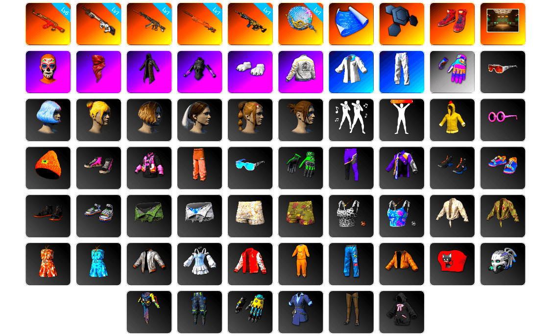 Hi-top Trainers (Red), Secret Showroom, PLAYERUNKNOWN's Bandana, Heavy Fur Coat (Black), Polar Bear Feet, Bunny Academy Sailor Gloves, PEL 2019 Phase 2 Jacket, XingHun's Tiger Strike Jacket, XingHun's Tiger Strike Pants, Aixleft's Gaming Streamer Hoodie, XingHun's Tiger Strike Snow Glasses, StreamerOne, Winner Winner Chicken Dinner T-Shirt (Red), Refined Aeolus — Vector, Grizz's Mask, MET Asia Series Bomber Jacket, JiBaoBa, «Chiron» Sports Car - 1