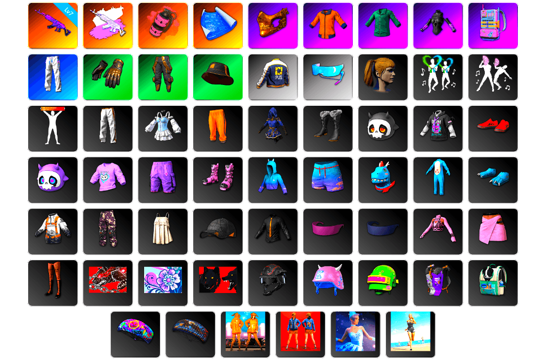 Pink Smoke Grenade, PGC 2021 Contingent Chaos Mask, Work Jacket, Harley Quinn's Hair, XingHun's Tiger Strike Pants, PJS 2019 Phase 2 Jacket, Aixleft's Gaming Streamer Hoodie, Exquisite Pants, Full Autumn — M416, Grizz's Mask - 1