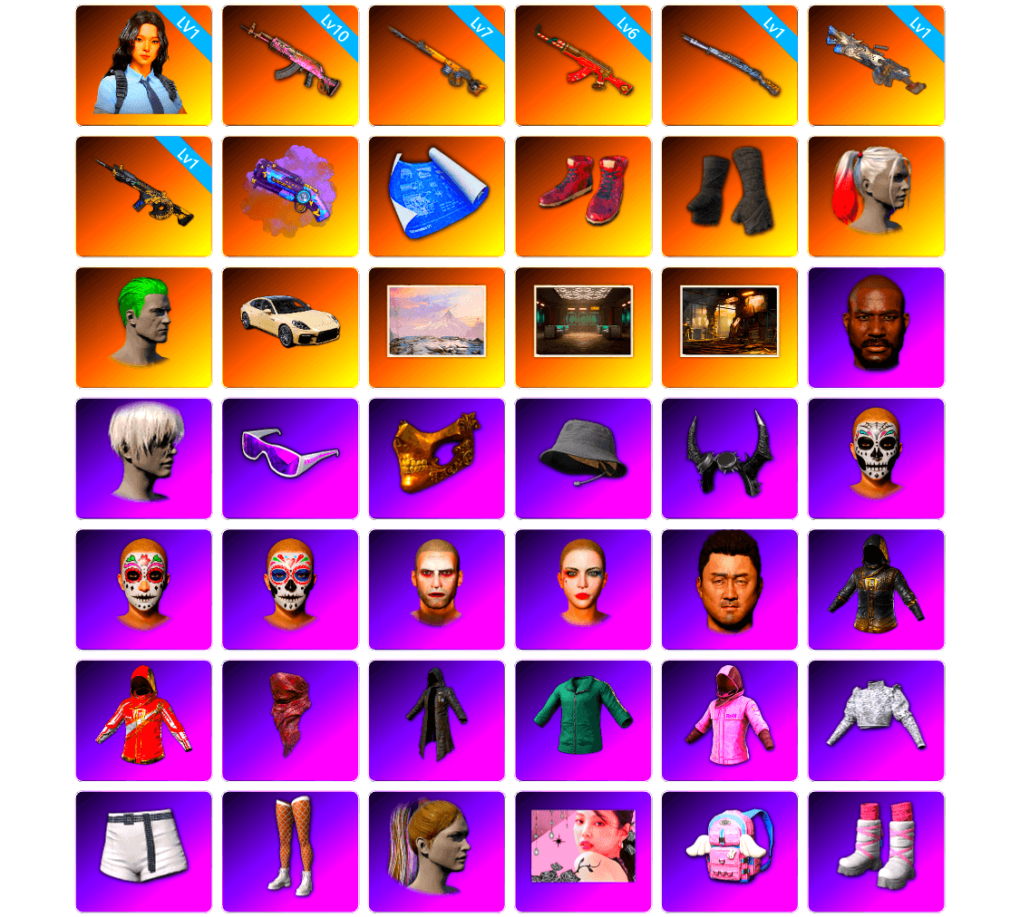 Purple Magical Mist — M79, Hi-top Trainers (Red), Duncan's Infiltrator Handwraps, Harley Quinn's Hair, The Joker's Hair, «Panamera Turbo S» Sedan, Winter Hideout, Secret Showroom, Jonathan Kamau, 9S's Hairstyle, Snow Glasses, PGC 2021 Contingent Chaos Mask, Headset Bucket Hat, Demon Biker Horns, The Joker's Hair, PLAYERUNKNOWN's Bandana, Heavy Fur Coat (Black), Rash Beixli Xtra Tough Jacket, aespa Stage, Harley Quinn's Hair, Bunny Academy Sailor Gloves, Rash Beixli Xtra Tough Jacket, Desolate Warehouse, Harley Quinn's Makeup, PUBG x NewJeans HYEIN, XingHun's Tiger Strike Jacket, XingHun's Tiger Strike Pants, NPL 2019 Phase 2 Jacket, PJS 2019 Phase 2 Jacket, PCL 2019 Phase 2 Jacket, Exquisite Pants, XingHun's Tiger Strike Snow Glasses, Pigff's Tactical Striker Jacket, Jijing's Shorts, StreamerOne, GPT 2025 Four Angry Men Jacket, Training Jacket (Green), Full Autumn — M416, Blue Thunder Gloves, Grizz's Mask, HUYA T-shirt, JiBaoBa, Sideshow Bear Feet, LINE FRIENDS SALLY SET - 1