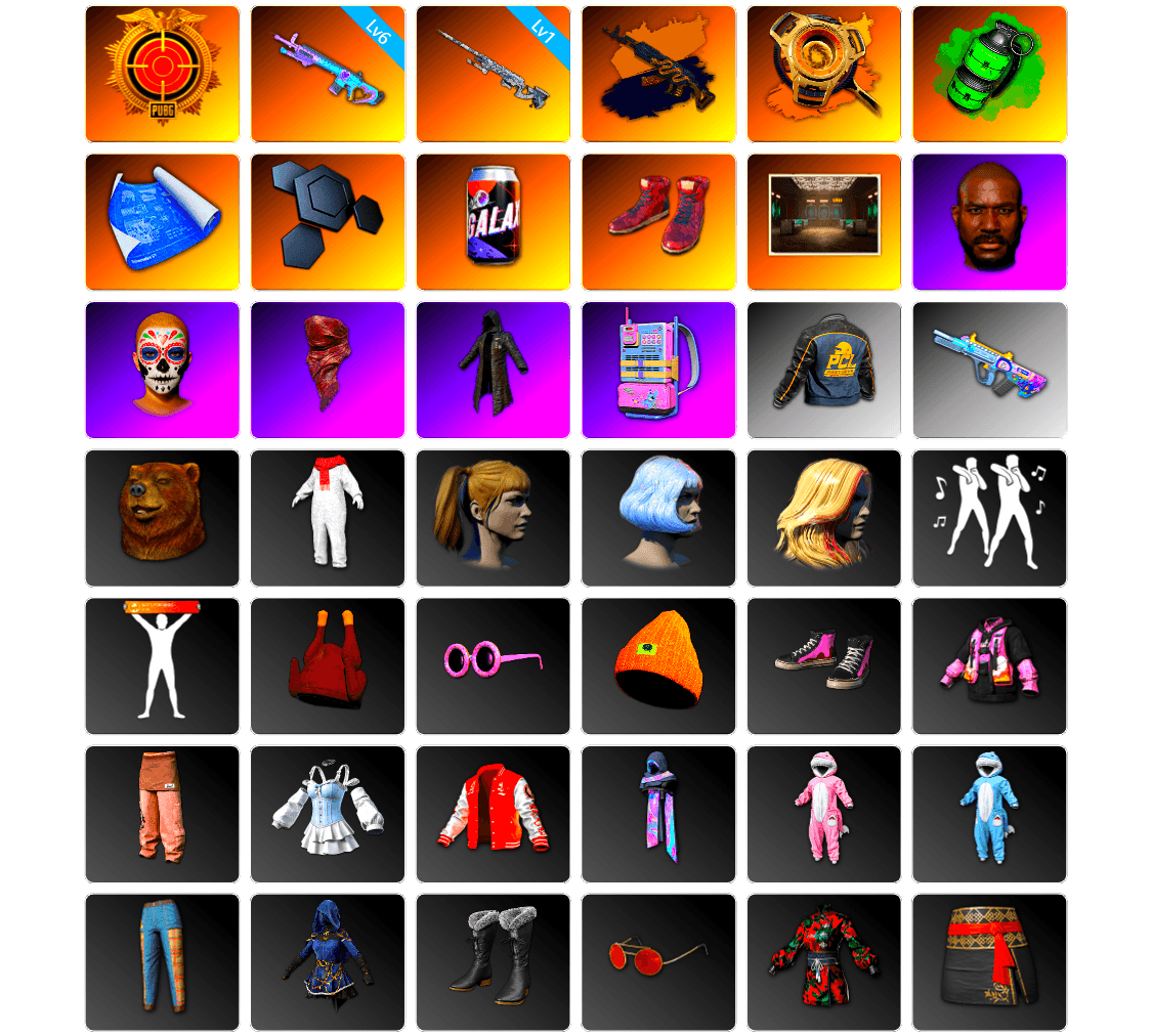 Void — Pan (Yellow Orange), Void — Pan, Emerald Smoke Grenade, Hi-top Trainers (Red), Secret Showroom, Jonathan Kamau, PLAYERUNKNOWN's Bandana, Heavy Fur Coat (Black), Harley Quinn's Hair, Bunny Academy Sailor Gloves, PCL 2019 Phase 2 Jacket, Aixleft's Gaming Streamer Hoodie, Parachute, Diva Glasses (White), Grizz's Mask, MET Asia Series Bomber Jacket - 1