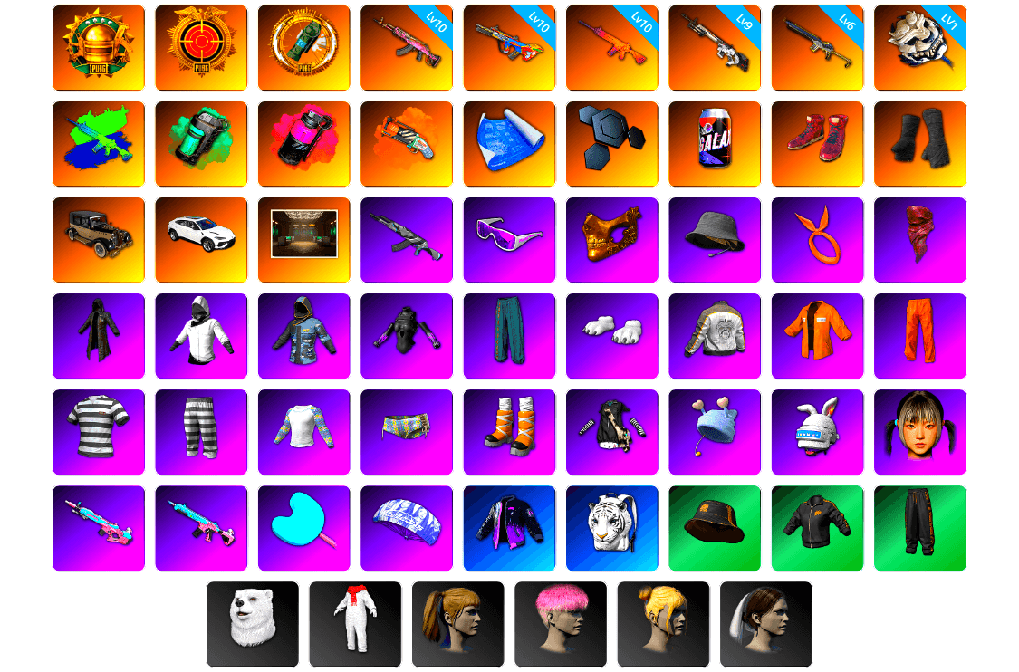 Bumper Blaster — AUG [10], Trick-or-treat — M416 [10], Gear Head — Beryl M762 [10], Cyber Threat — Mk12 [9], Sha Wujing — Mini14 [6], White Tiger — Pan [1], Teal Smoke Grenade, Magenta Smoke Grenade, Magenta Smoke Grenade, Orange Fog of Fury — M79, Hi-top Trainers (Red), Duncan's Infiltrator Handwraps, «Urus S» SUV, Secret Showroom, Snow Glasses, PGC 2021 Contingent Chaos Mask, Headset Bucket Hat, PLAYERUNKNOWN's Bandana, Heavy Fur Coat (Black), WackyJacky101's Jacket, PGC 2022 Tac-Tech Shirt, Polar Bear Feet, Escapee Jacket, Jailbird T-Shirt, Rash Vest, Harley Quinn's Hair, Bunny Academy Sailor Gloves, Rash Beixli Xtra Tough Jacket, Ghosted — AKM, PML 2019 Phase 2 Jacket, Parachute, XiongDi Hoodie, NH-Esports Jacket, Jijing's Shorts, LINE FRIENDS CHOCO SET, StreamerOne, LINE FRIENDS SALLY SET, Full Autumn — M416, Chengzi's M416, Bengal Blade - SCAR-L, Rose-tinted Glasses, «McLaren GT Standard (Silica White)» Sports Car, Grizz's Mask, MET Asia Series Bomber Jacket - 1