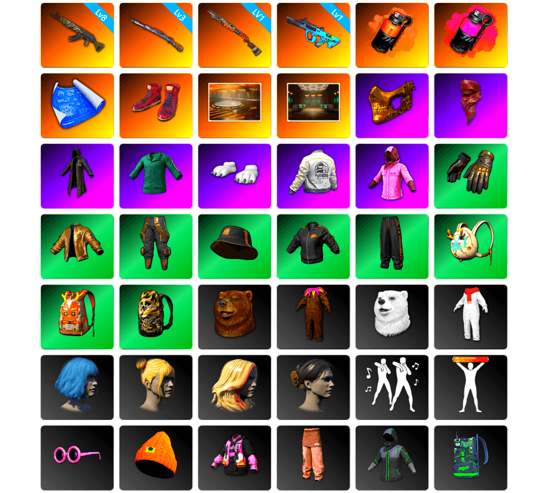 Coral Smoke Grenade, Magenta Smoke Grenade, Hi-top Trainers (Red), Showroom, Secret Showroom, PGC 2021 Contingent Chaos Mask, PLAYERUNKNOWN's Bandana, Heavy Fur Coat (Black), Polar Bear Feet, Rash Beixli Xtra Tough Jacket, Bunny Academy Sailor Gloves, Rash Beixli Xtra Tough Jacket, PEL 2019 Phase 2 Jacket, Pigff's Tactical Striker Jacket, StreamerOne, Parachute, Grizz's Mask, Sideshow Bear Feet, LINE FRIENDS SALLY SET - 1
