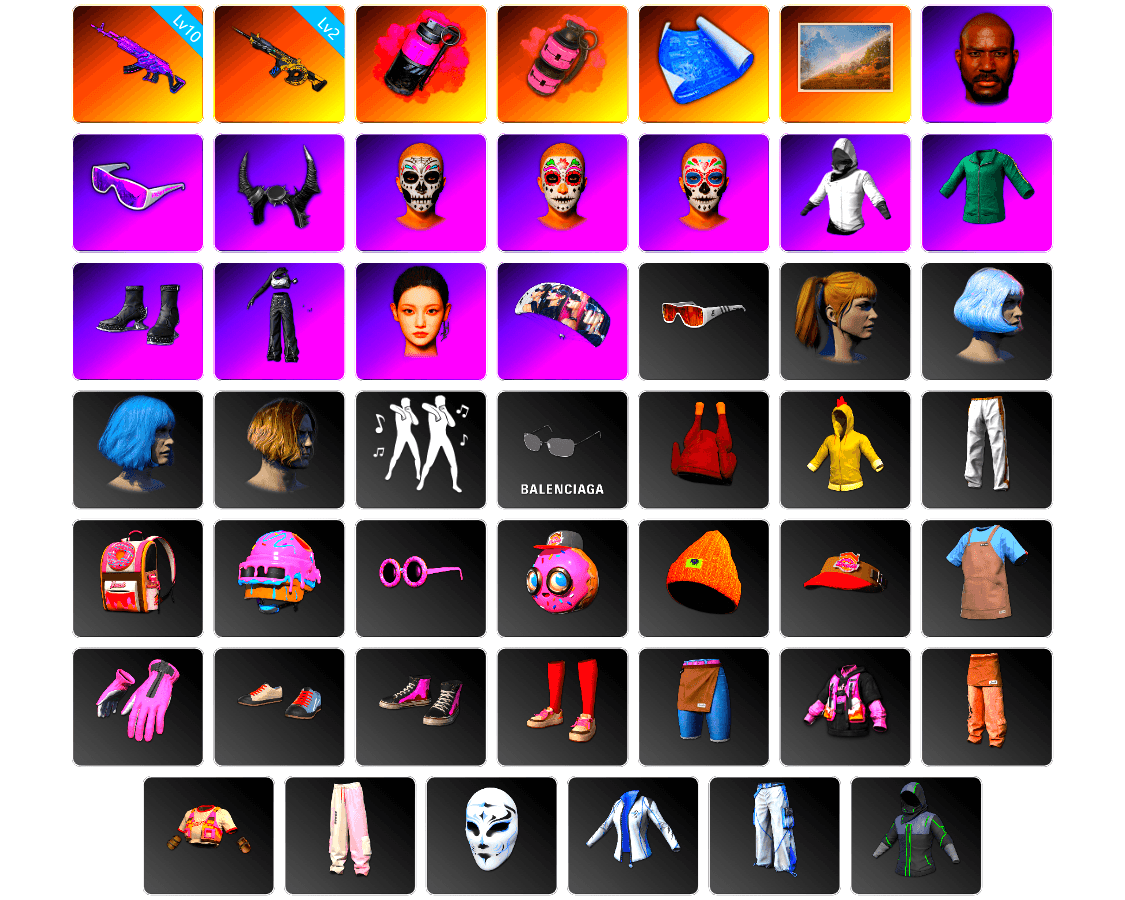 Magenta Smoke Grenade, Pink Smoke Grenade, Jonathan Kamau, Snow Glasses, Demon Biker Horns, WackyJacky101's Jacket, aespa Stage, Harley Quinn's Hair, Bunny Academy Sailor Gloves, aespa NINGNING, Exquisite Pants, Pigff's Tactical Striker Jacket, StreamerOne, Training Jacket (Green), Full Autumn — M416, Blue Thunder Gloves, Grizz's Mask - 1