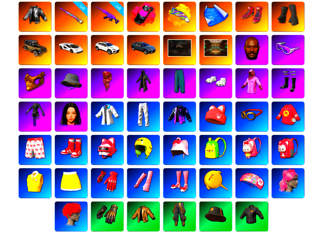 Magenta Smoke Grenade, Yellow Fog of Fury — M79, Hi-top Trainers (Red), Duncan's Infiltrator Handwraps, «Countach LPI 800-4» Sports Car, Secret Showroom, Secret Showroom, Jonathan Kamau, Snow Glasses, PGC 2021 Contingent Chaos Mask, Headset Bucket Hat, PLAYERUNKNOWN's Bandana, Heavy Fur Coat (Black), Polar Bear Feet, Rash Beixli Xtra Tough Jacket, aespa Stage, Harley Quinn's Hair, Bunny Academy Sailor Gloves, Rash Beixli Xtra Tough Jacket, XingHun's Tiger Strike Jacket, XingHun's Tiger Strike Pants, XingHun's Tiger Strike Snow Glasses, XiongDi Hoodie, StreamerOne, GPT 2025 Four Angry Men Jacket, Parachute, aespa KARINA, Full Autumn — M416, Grizz's Mask, HUYA T-shirt, JiBaoBa, DOUYU T-shirt - 1