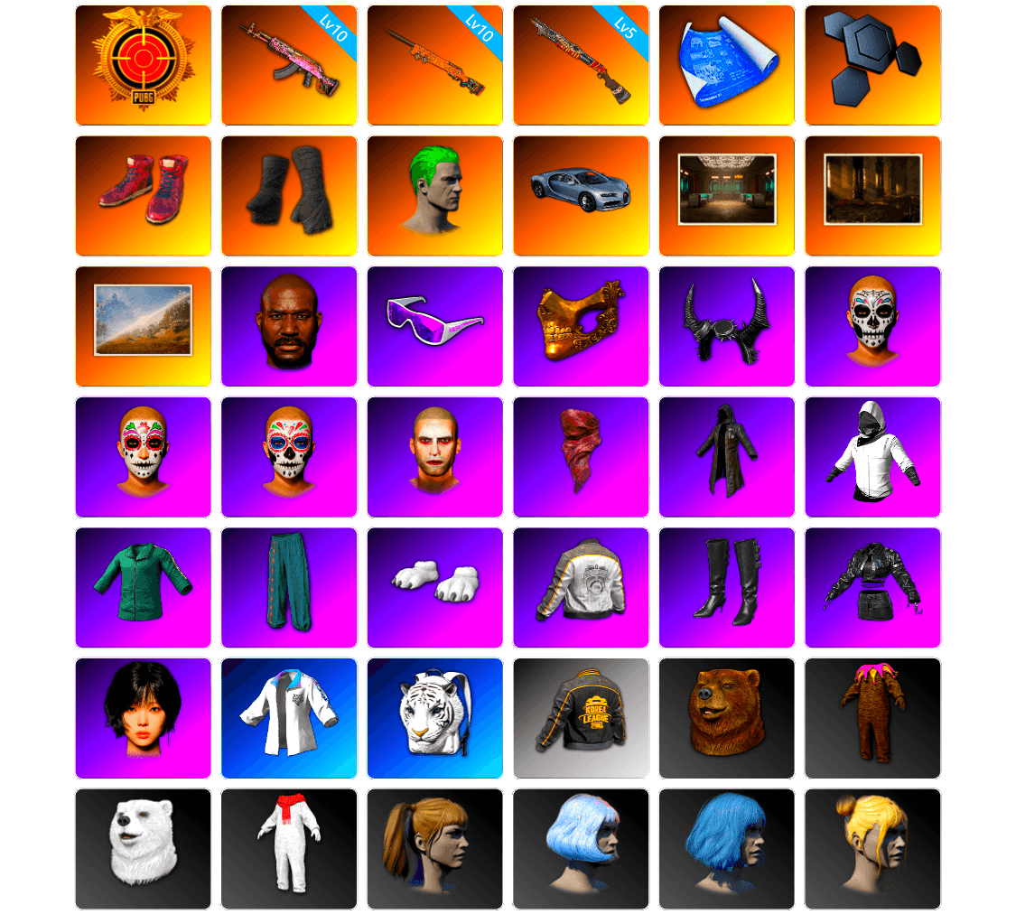 Hi-top Trainers (Red), Duncan's Infiltrator Handwraps, The Joker's Hair, Jonathan Kamau, Snow Glasses, PGC 2021 Contingent Chaos Mask, Demon Biker Horns, The Joker's Hair, PLAYERUNKNOWN's Bandana, Heavy Fur Coat (Black), Polar Bear Feet, aespa Stage, Harley Quinn's Hair, Nostalgia, PML 2019 Phase 2 Jacket, XingHun's Tiger Strike Jacket, PKL 2019 Phase 2 Jacket, Exquisite Pants, XiongDi Hoodie, StreamerOne, GPT 2025 Four Angry Men Jacket, aespa WINTER, Full Autumn — M416, Douyu Biker Jacket, Blue Thunder Gloves, Diva Glasses (White), DOUYU T-shirt - 1