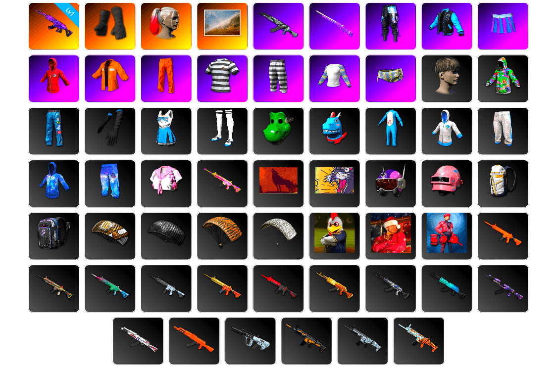 Duncan's Infiltrator Handwraps, Harley Quinn's Hair, Escapee Jacket, Jailbird T-Shirt, Rash Vest, Bunny Academy Sailor Gloves, Ghosted — AKM, JennaJulien's M24, Shroud's Varsity Jacket, JennaJulien's Pleated Skirt, PGI 2018 «Four Angry Men» Hoodie, XingHun's Hoodie, Xinghun's Tracksuit Pants, Bengal Tiger, Gold Plate — M416, XingHun's AKM, Bengal Blade - SCAR-L, Elegant - G36C, Tactical Gloves, Diva Glasses (White), Rose-tinted Glasses, Shark Bite - Kar98k, Grizz's Mask, MET Asia Series Bomber Jacket, Heavy Fur Coat (Black), Zerator's Pleated Skirt, LINE FRIENDS SALLY SET - 1